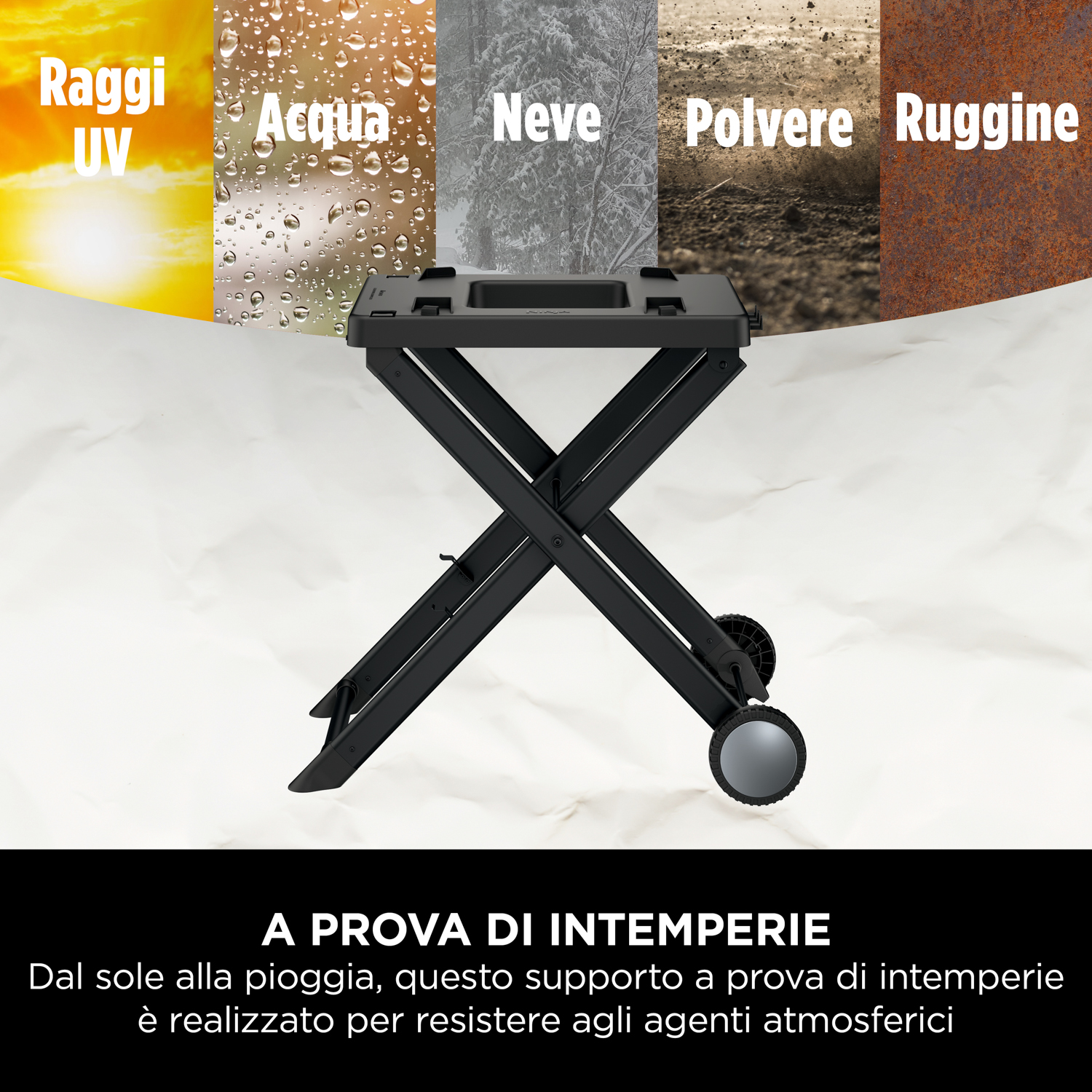 Supporto per griglia pieghevole nero con ruote, su sfondo bianco.