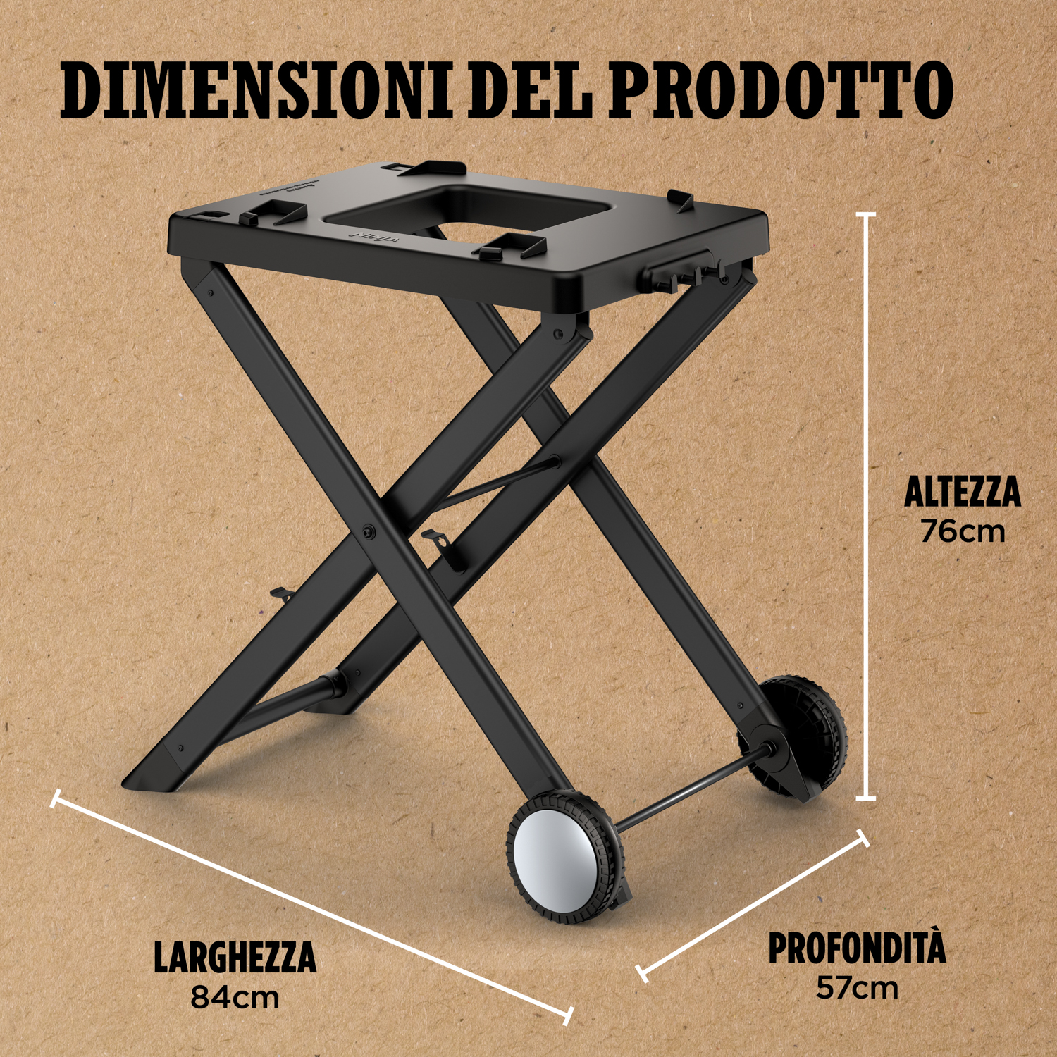 Supporto pieghevole nero con ruote. Le dimensioni sono indicate con etichette e frecce in italiano.