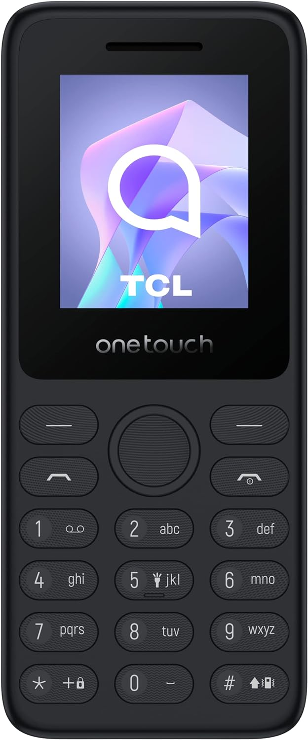 Un teléfono TCL one touch negro con una pantalla que muestra un logotipo y un teclado numérico.