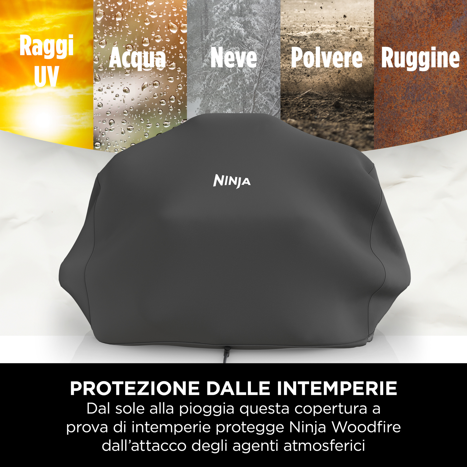 Una copertura nera protegge una griglia Ninja dagli elementi. Lo sfondo mostra immagini di raggi UV, acqua, neve, polvere e ruggine.