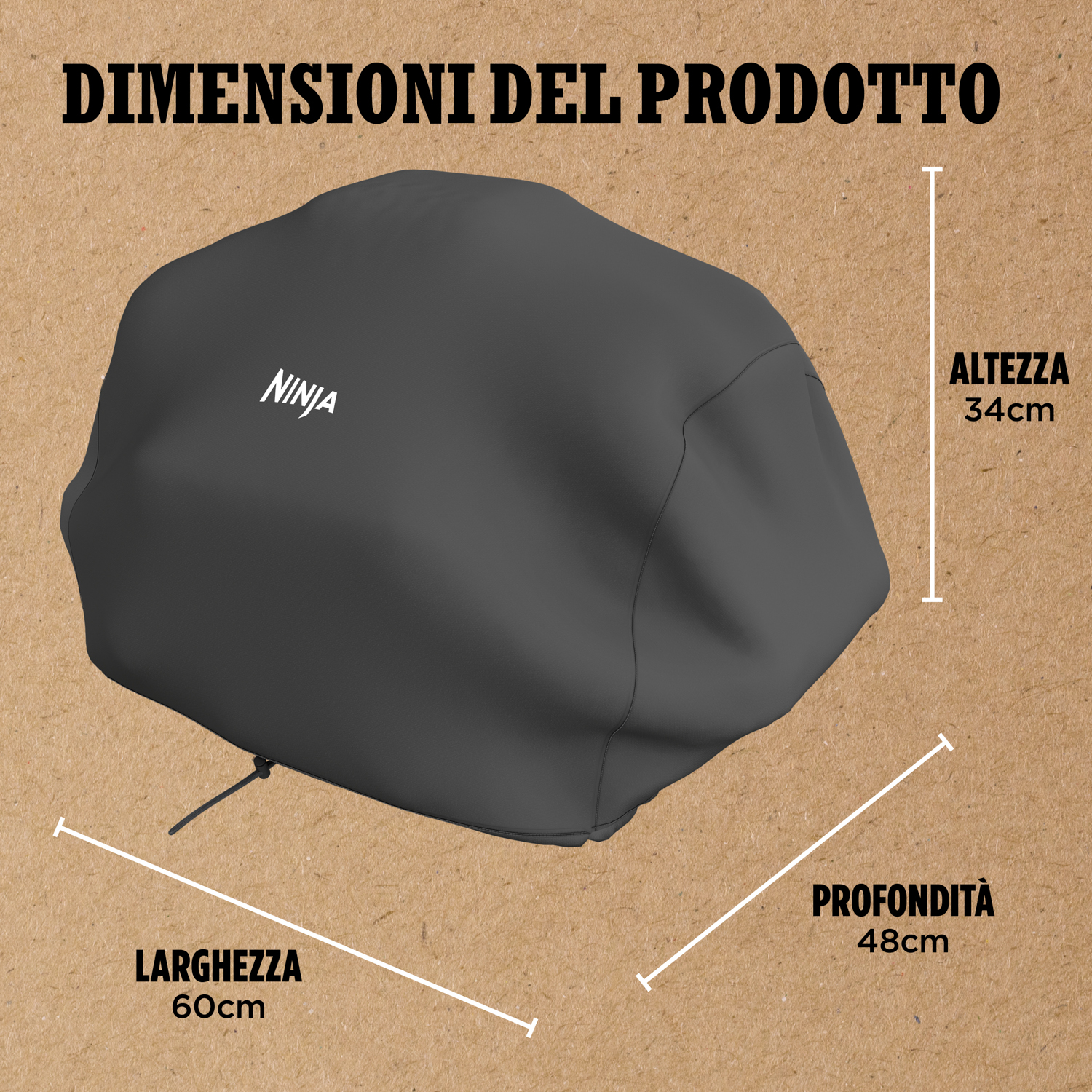 Copertura Ninja nera con dimensioni. Su una superficie marrone, mostra etichette di larghezza, altezza e profondità.