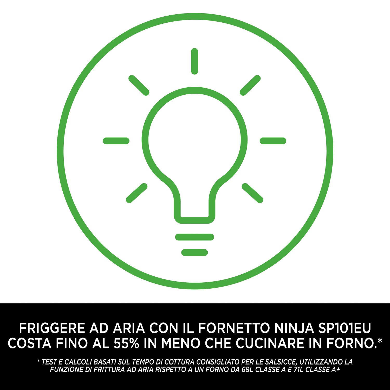 Icona della lampadina verde con testo sulla frittura ad aria e tempo di cottura.