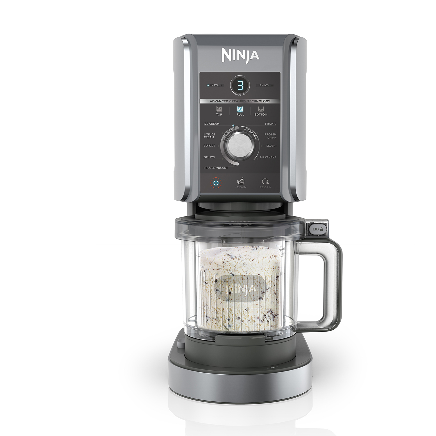 Macchina Ninja CREAMi. Display digitale e pulsanti di controllo. Contenitore trasparente con gelato.
