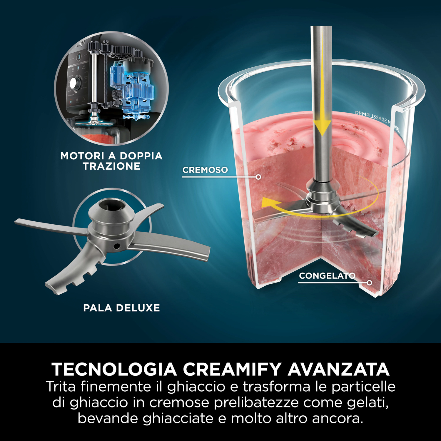 Vista esplosa di un frullatore Creamify con una lama e un contenitore pieno di contenuto rosa ghiacciato.