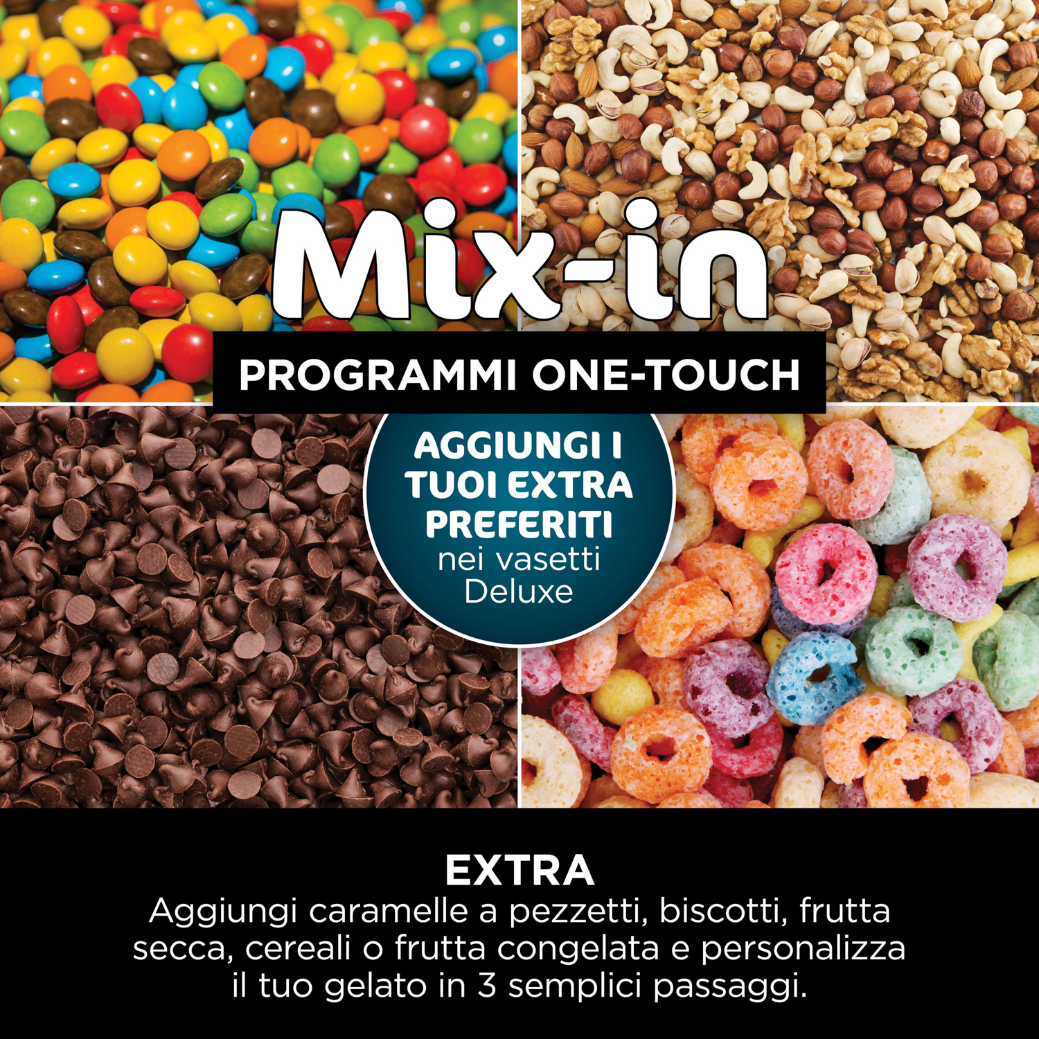 Vari ingredienti per il gelato: caramelle, noci, gocce di cioccolato e cereali colorati.