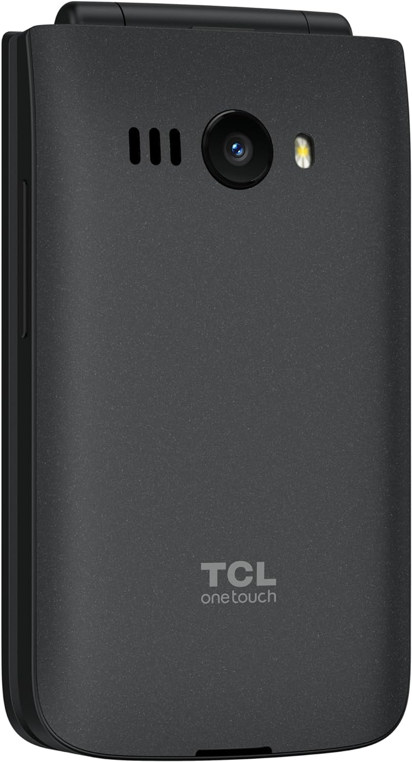 Teléfono plegable negro con cámara y altavoz. La marca TCL one touch está en el frente.