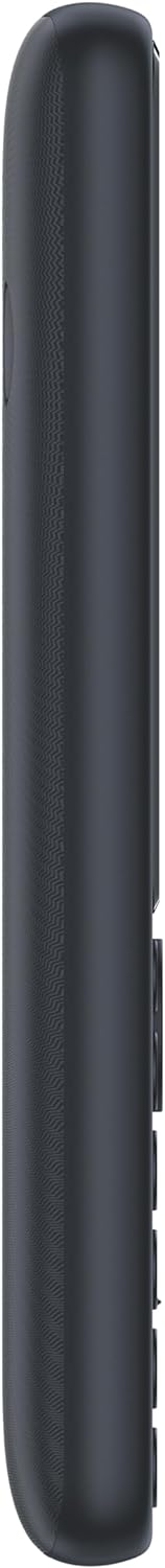 Un teléfono móvil rectangular gris oscuro, visto de lado. Tiene un teclado.