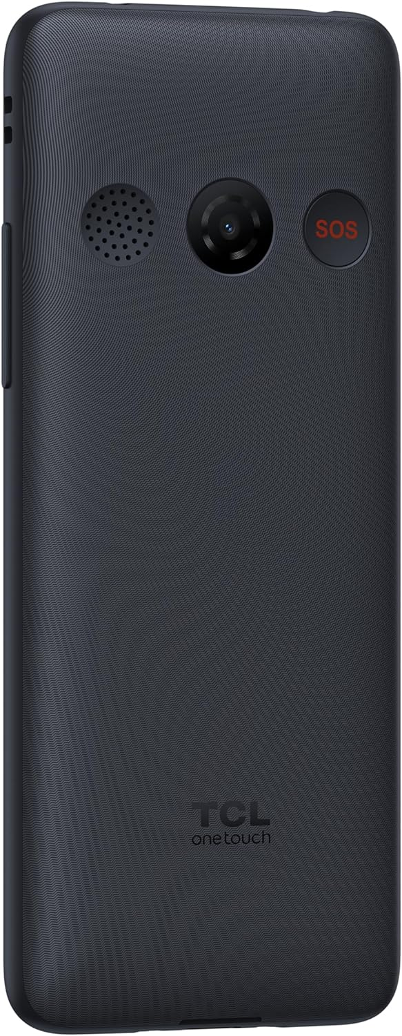 Parte trasera del teléfono TCL negro. Altavoz, cámara y botón SOS visibles. TCL y one touch.