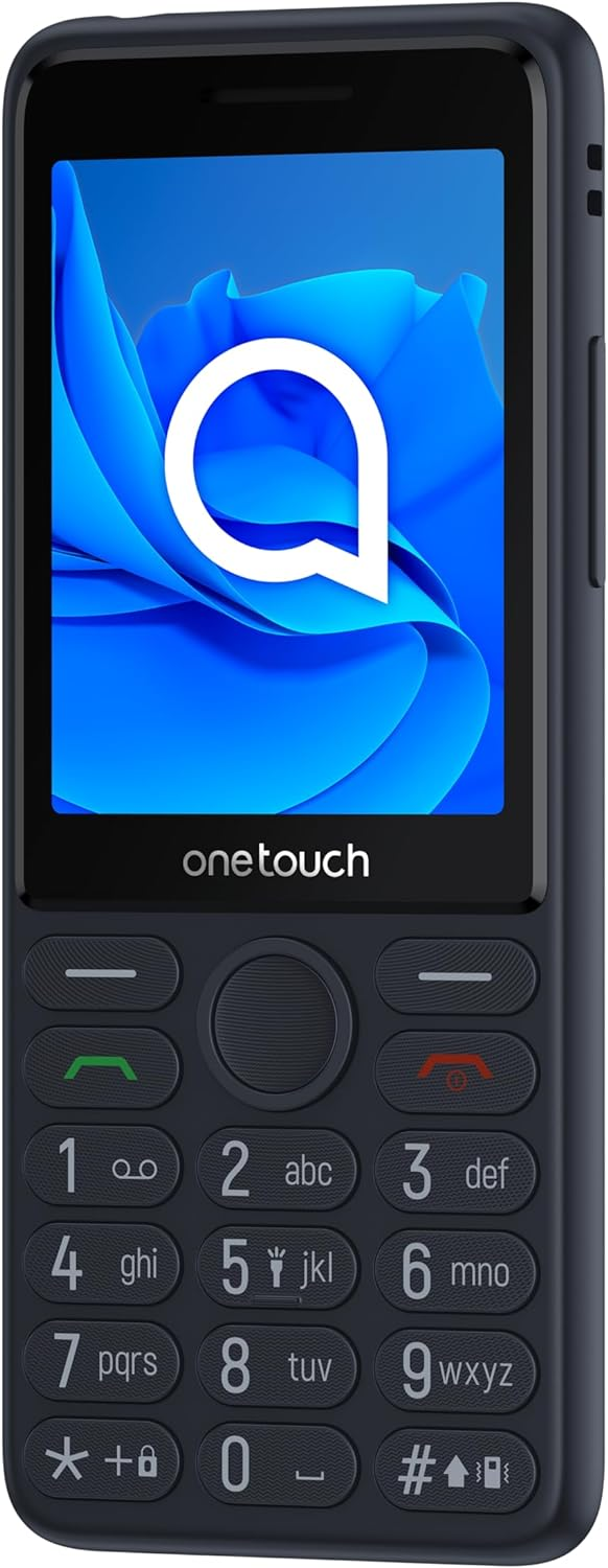 Teléfono Alcatel negro, vista frontal. Tiene una pantalla con diseño azul y teclas numéricas.