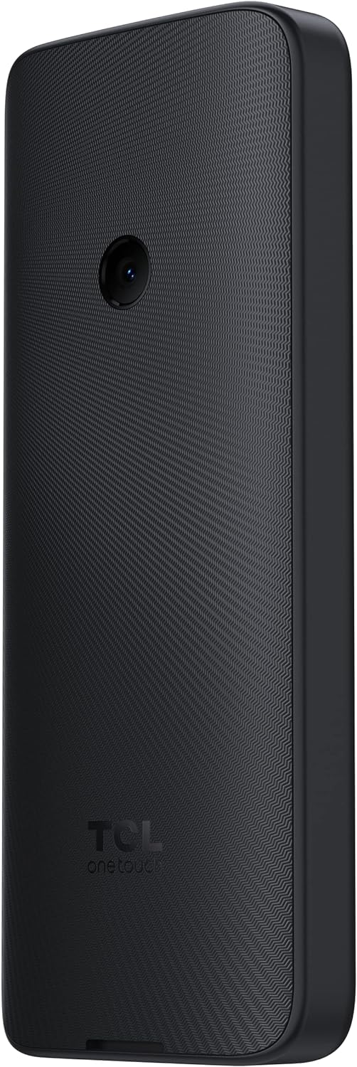 Un teléfono negro. El logo de TCL es visible en la parte inferior.
