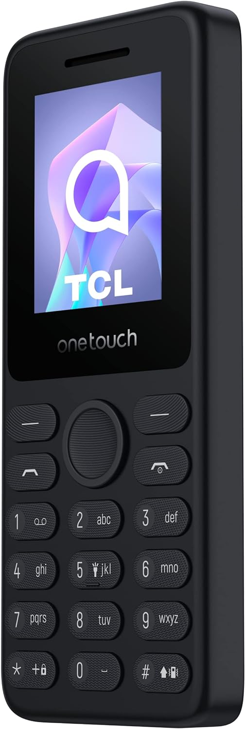 Un teléfono móvil TCL one touch negro con una pantalla que muestra un logotipo y un teclado.