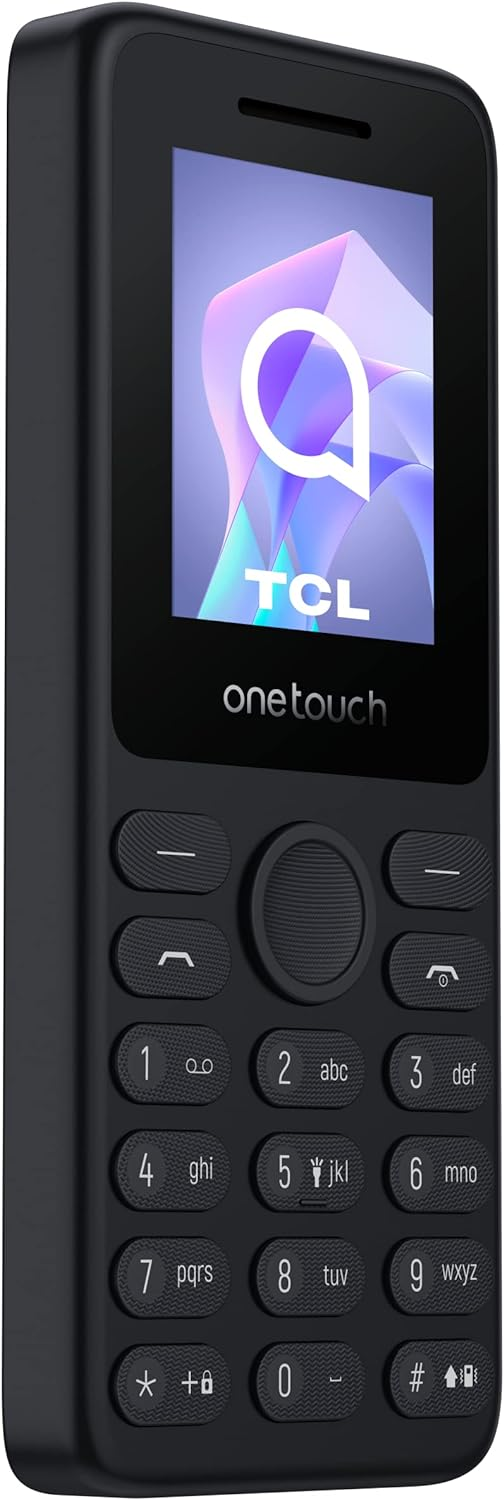 Teléfono TCL One Touch negro, vista lateral, fondo blanco.