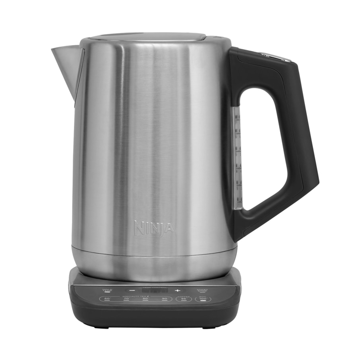 Bollitore elettrico Ninja in acciaio inox sulla sua base. Base nera con pulsanti di controllo.