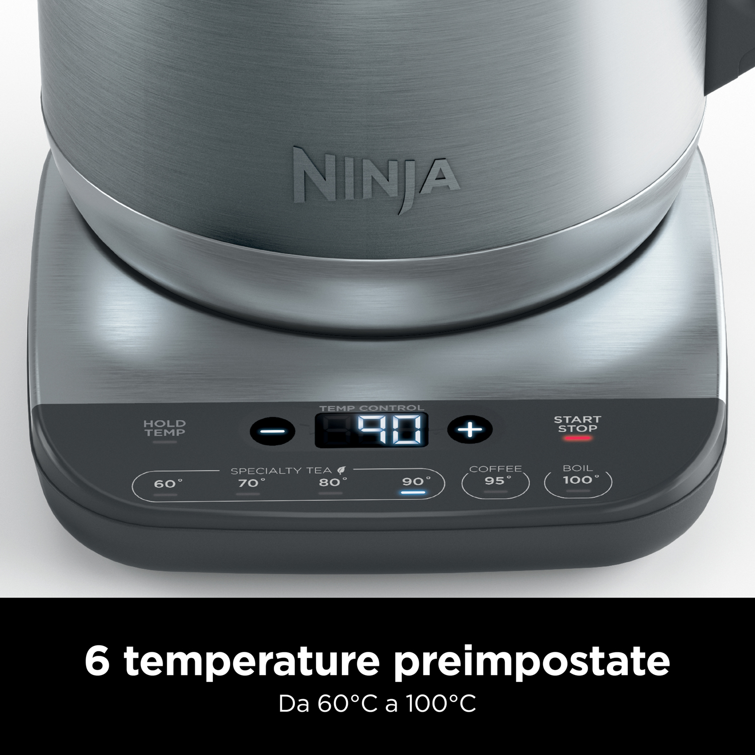 Primo piano di un elettrodomestico Ninja con un pannello di controllo che mostra una temperatura di 90 gradi.