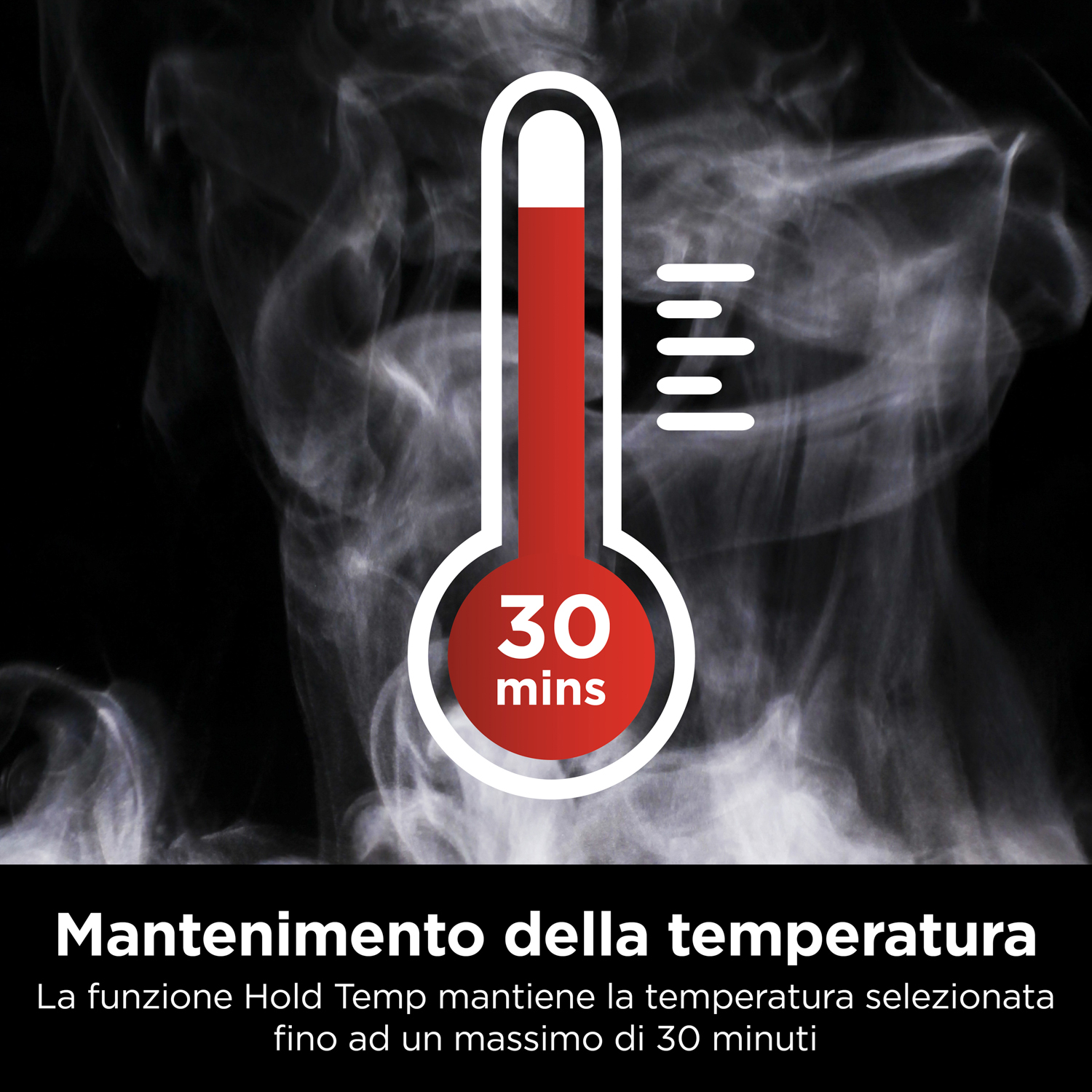 Termometro con testo che mostra 30 minuti e vapore.