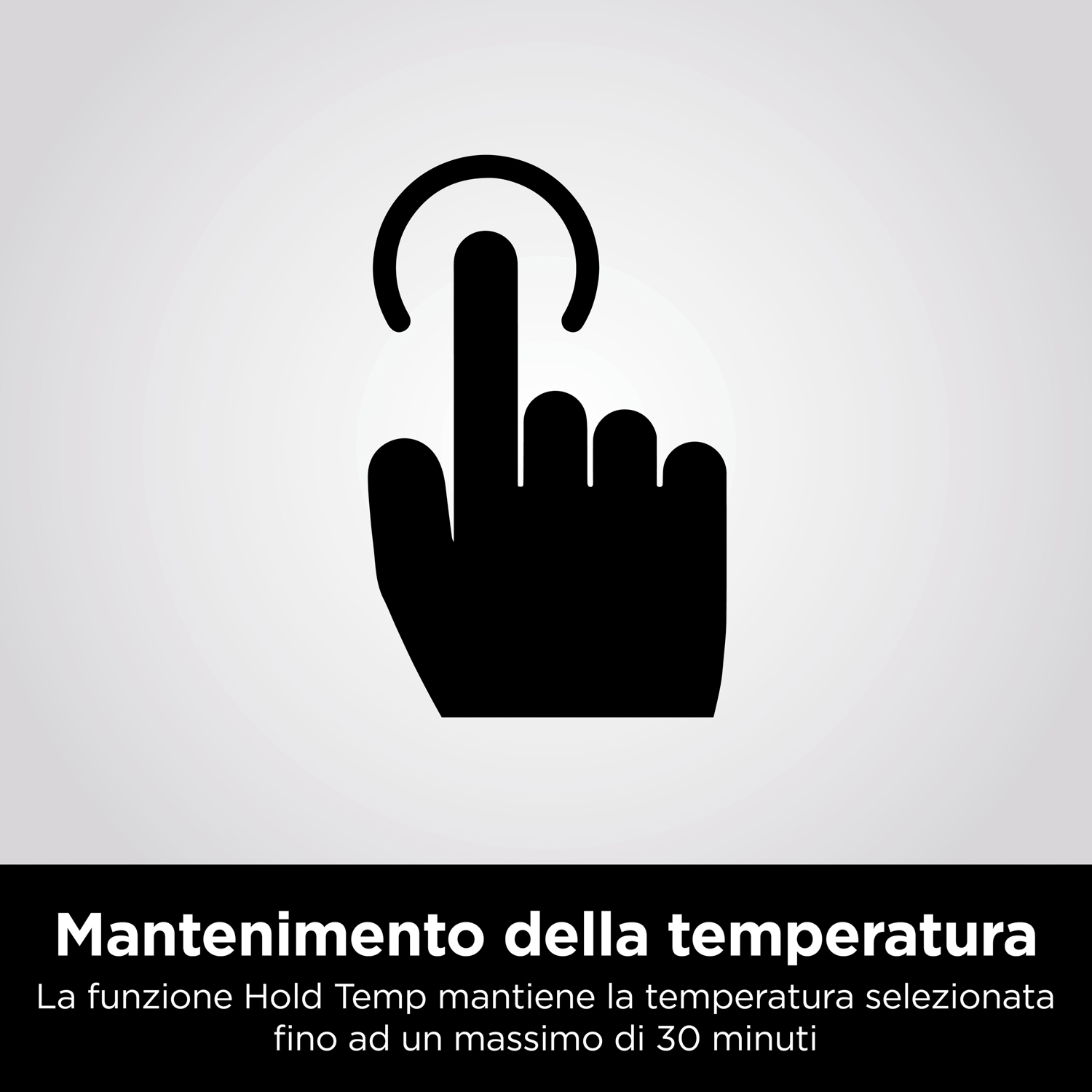 Un'icona di mano nera con un dito che indica e una forma circolare nella parte superiore.