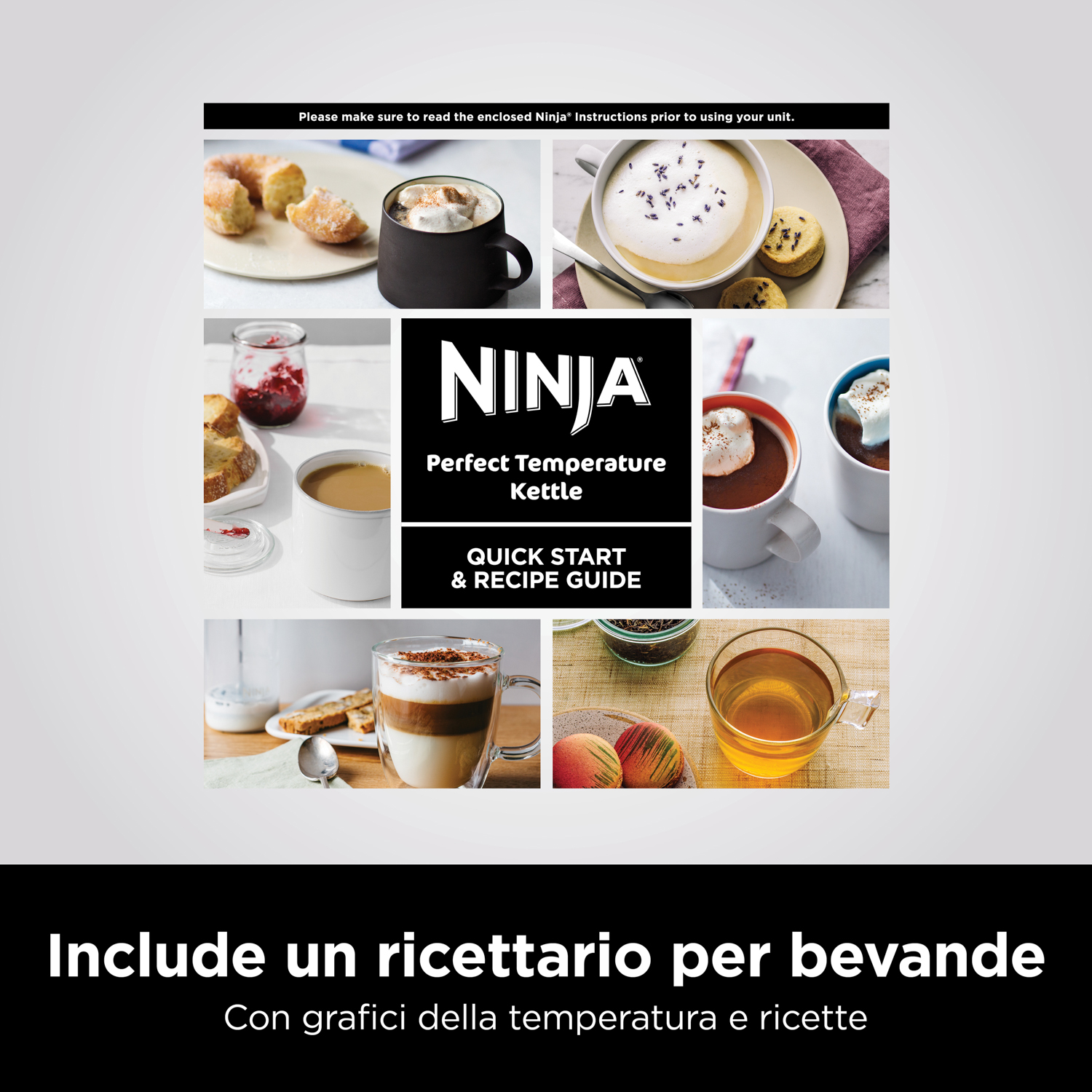 Una guida Ninja Perfect Temperature Kettle con immagini di bevande. Sfondo bianco con testo in italiano.