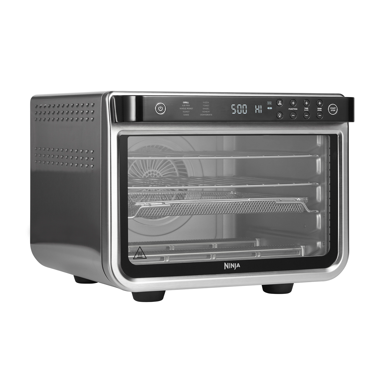 Un forno Ninja con display digitale. Ha una porta a vetri e un esterno in metallo.
