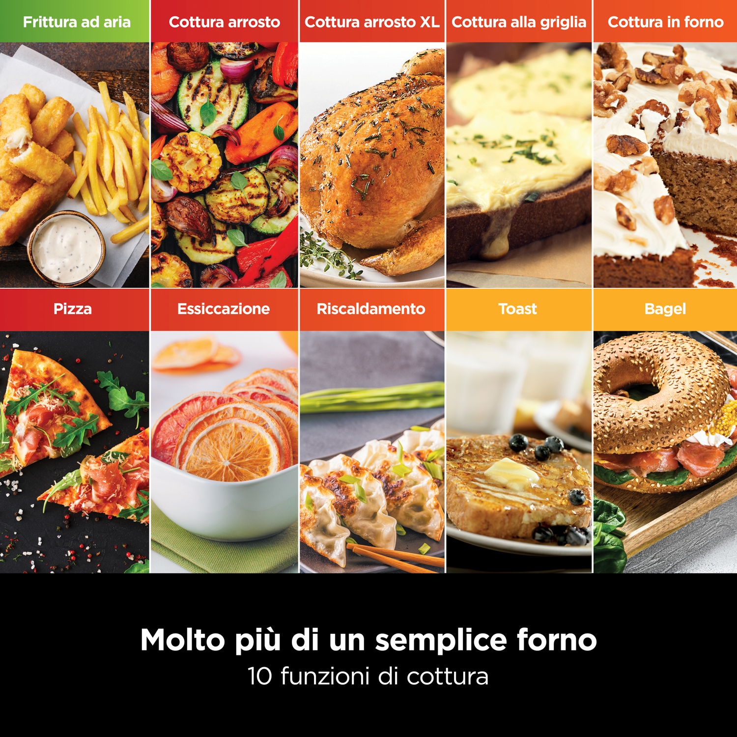 Immagine con vari cibi cotti: fritti, arrosto, alla griglia e altro.