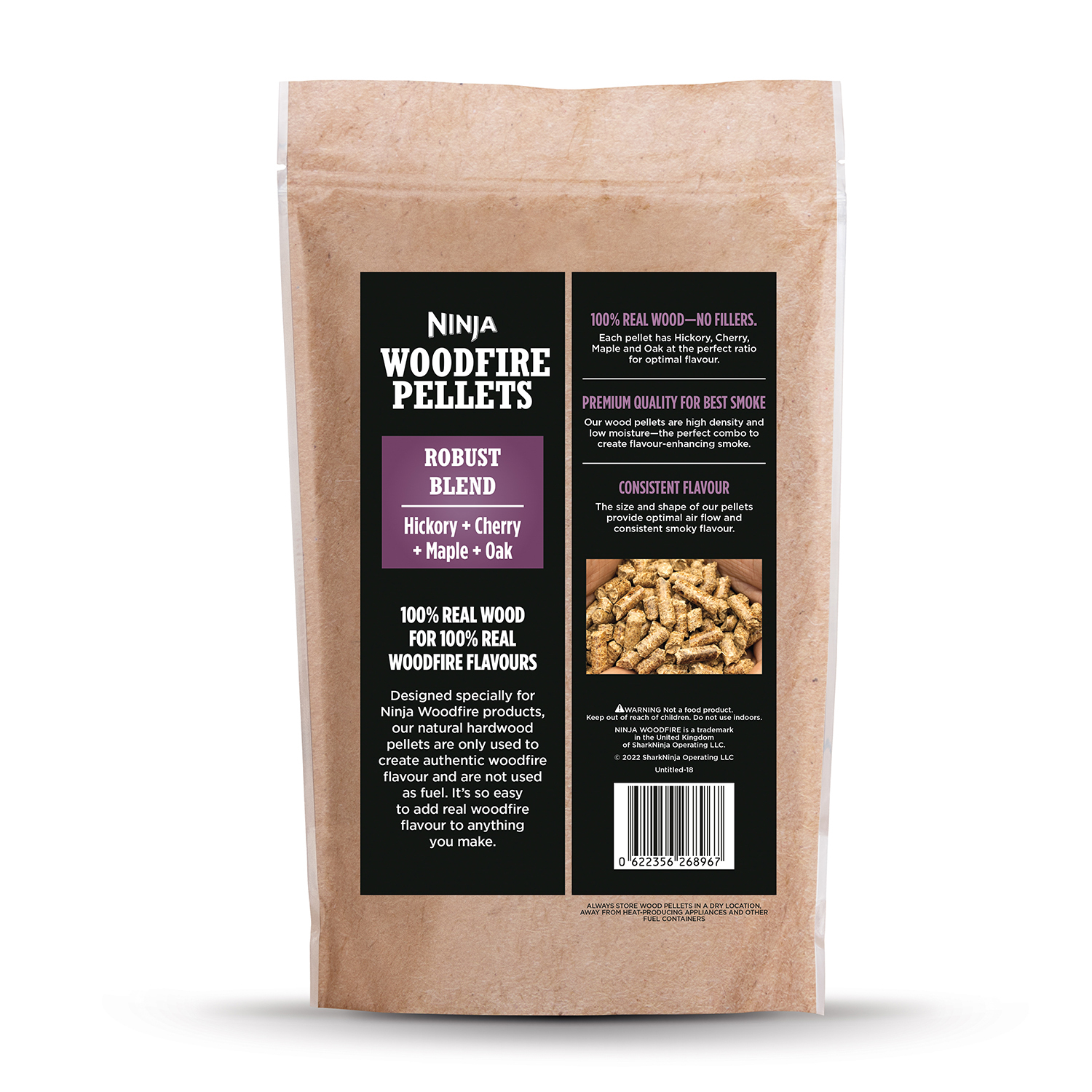 Un sacco marrone di pellet Ninja Woodfire, con testo che descrive la miscela e le caratteristiche dei pellet.
