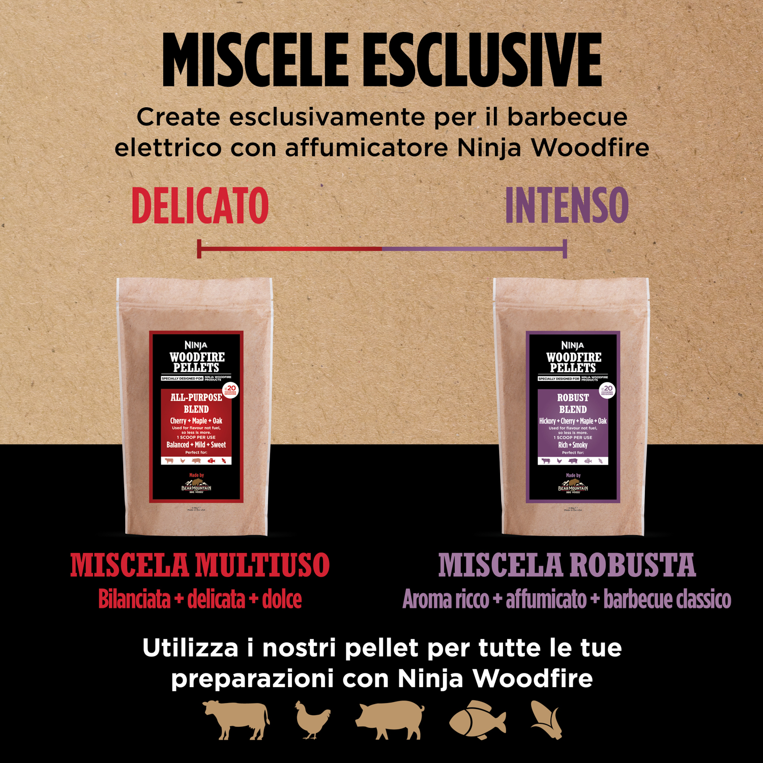 Due sacchi di pellet Ninja Woodfire. Uno dice 'All Purpose Blend', l'altro 'Robust Blend'.