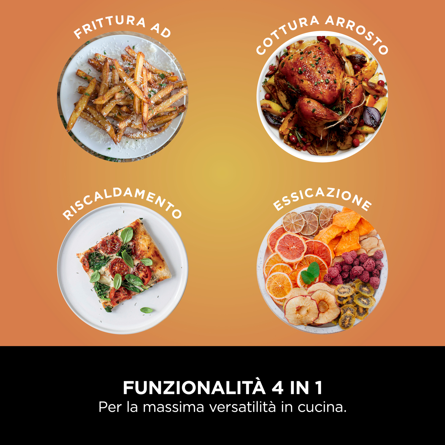 Quattro immagini di diversi cibi cotti: patatine fritte, pollo arrosto, pizza, frutta secca.