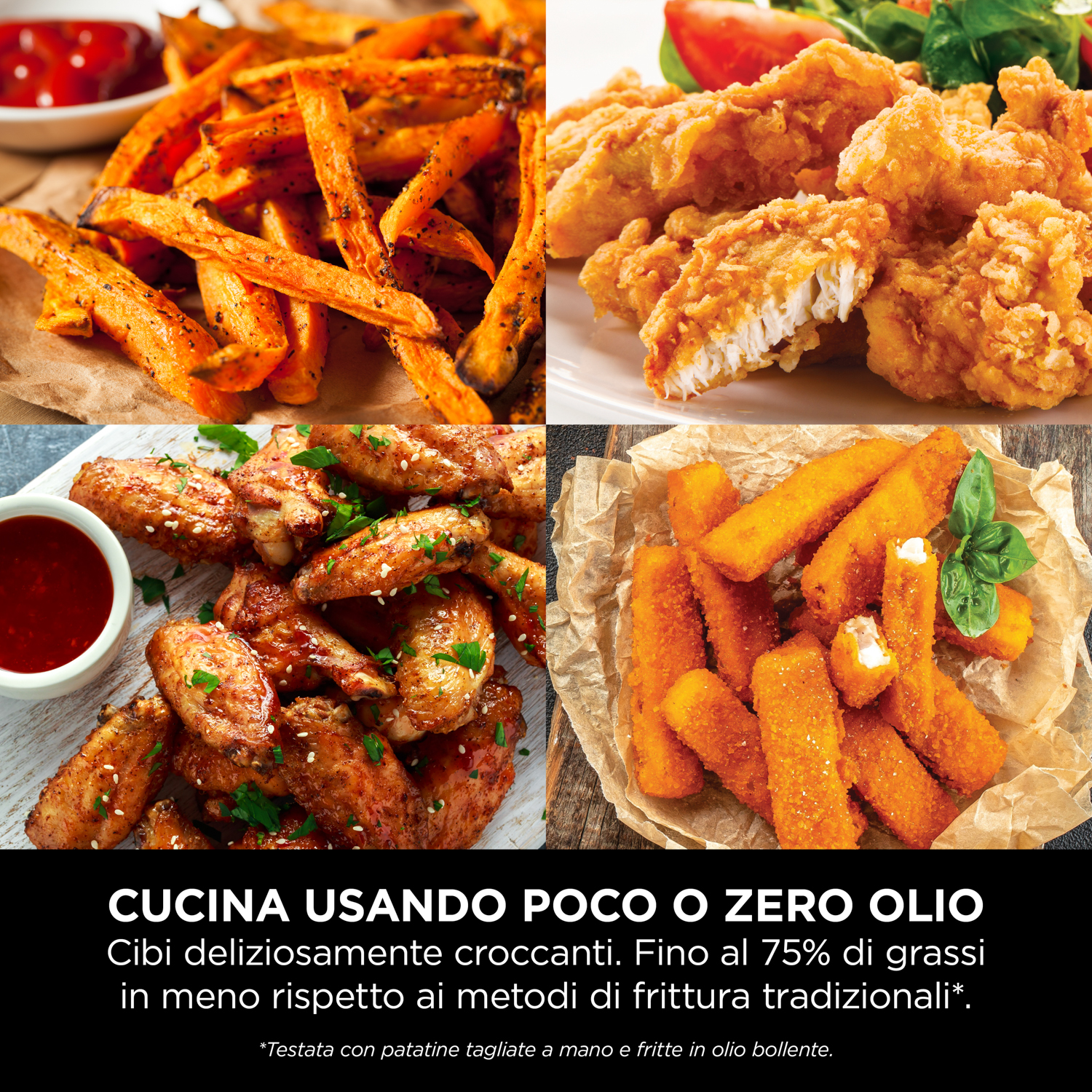 L'immagine mostra cibi fritti: patatine fritte, pollo fritto, ali di pollo e bastoncini di mozzarella.