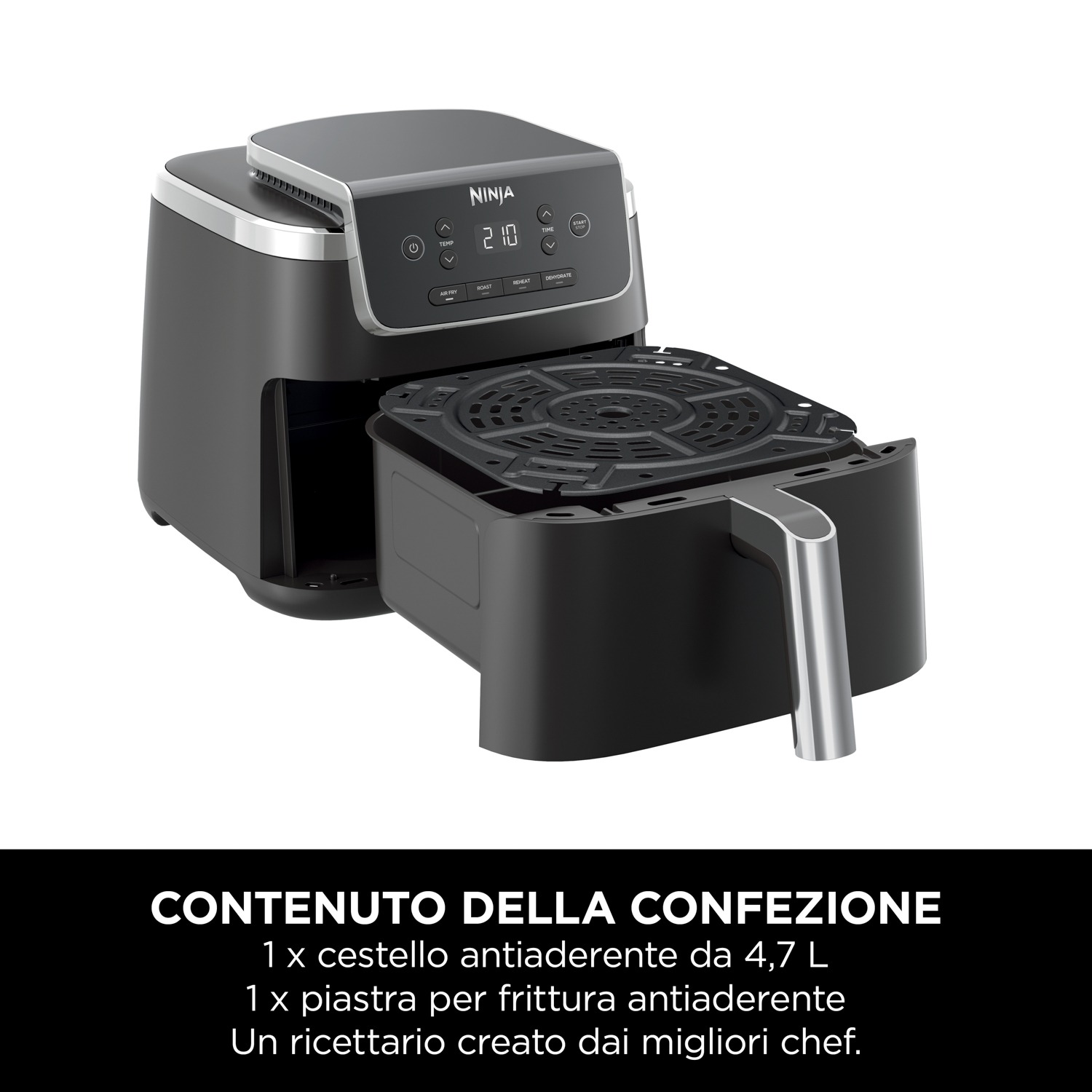 Friggitrice ad aria nera con cestello rimovibile. Il cestello è staccato. Friggitrice ad aria nera con testo in basso.
