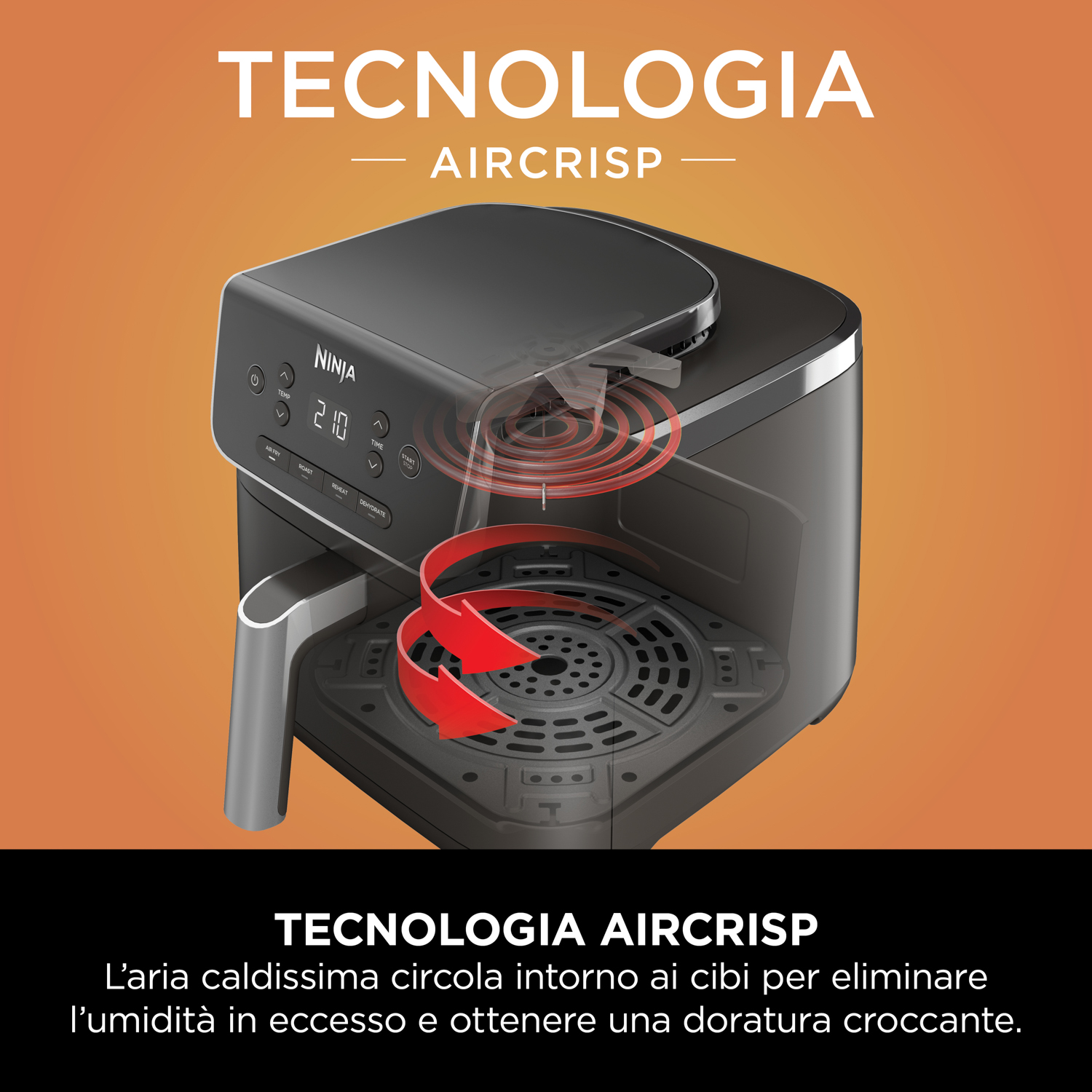Una friggitrice ad aria Ninja con frecce rosse di circolazione dell'aria. Testo: 'TECNOLOGIA AIRCRISP'.