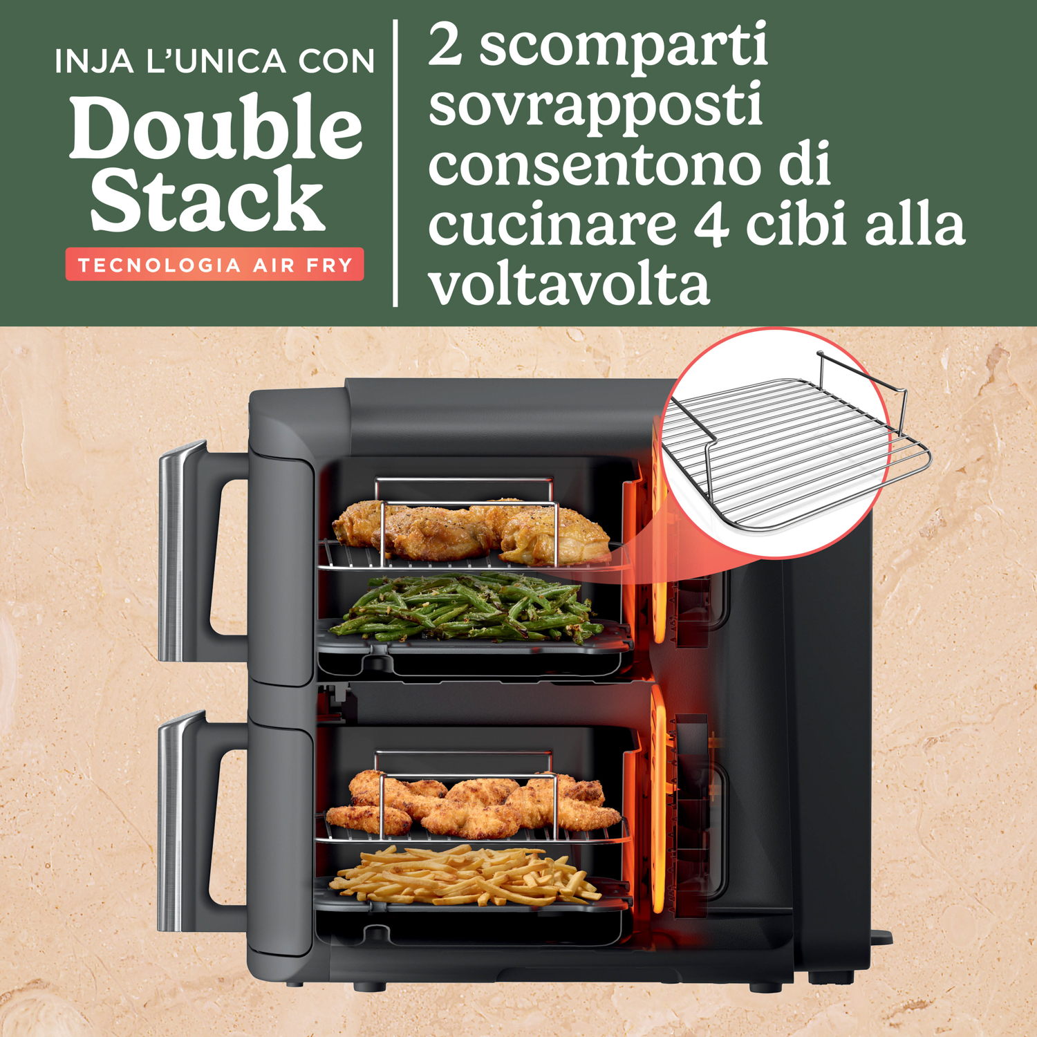 Friggitrice ad aria con due scomparti sovrapposti. Contiene cibo ed elementi riscaldanti.