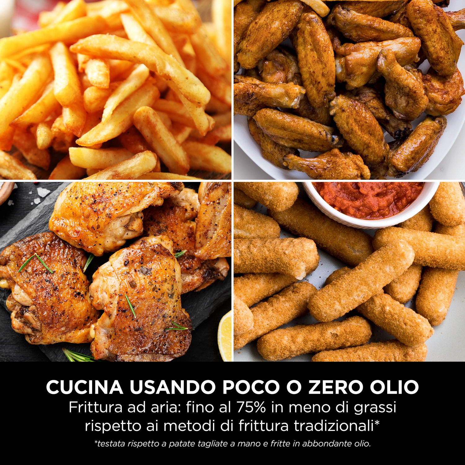 Quattro piatti di cibi fritti: patatine fritte, ali, pollo e bastoncini di mozzarella. Cottura senza olio.