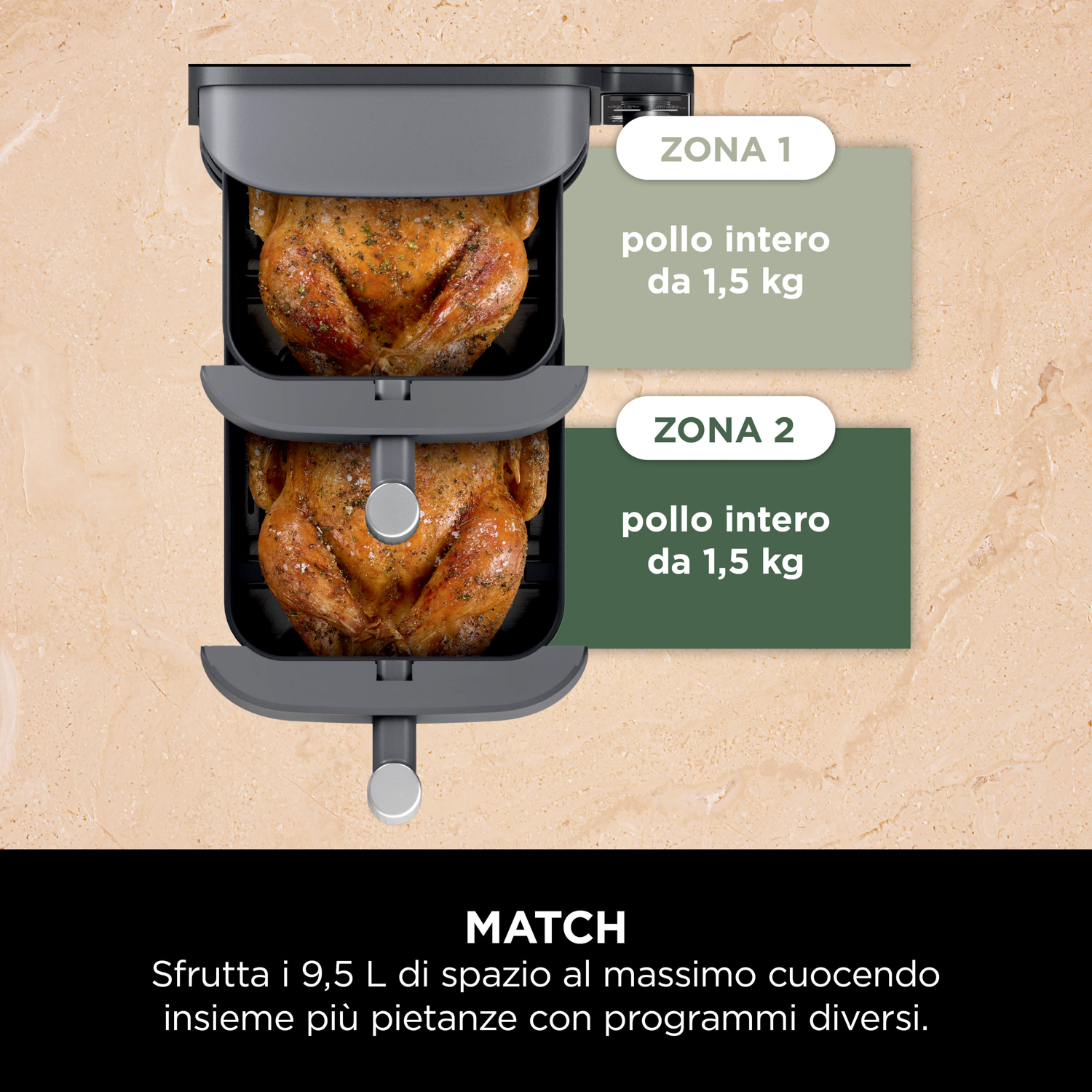 Una friggitrice ad aria con due polli. Zone e contenuto: due polli da 1,5 kg.
