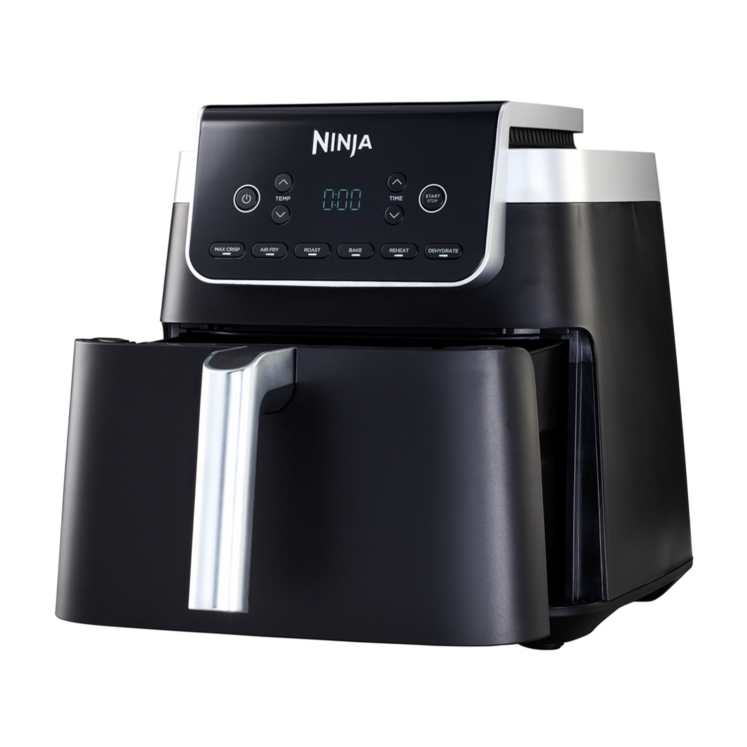 Friggitrice ad aria nera con display digitale. Pulsanti e cassetto aperto.