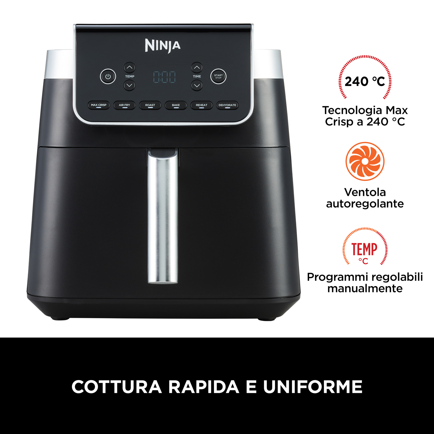 Friggitrice ad aria Ninja nera con pannello di controllo e testo in italiano.