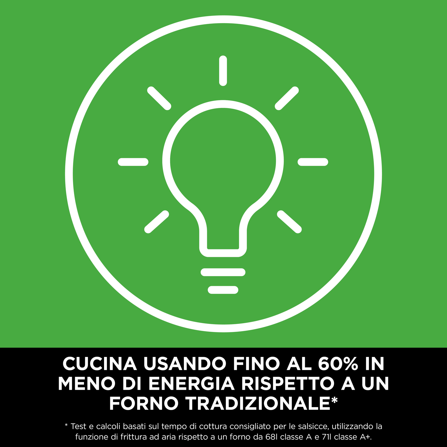 Contorno bianco di una lampadina dentro un cerchio su sfondo verde, con testo sotto.