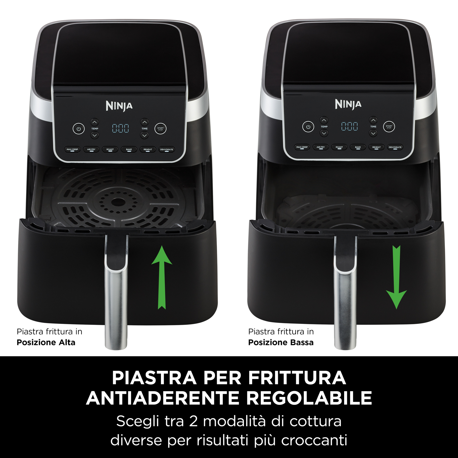 Due friggitrici ad aria, una con il vassoio su, una con il vassoio giù.