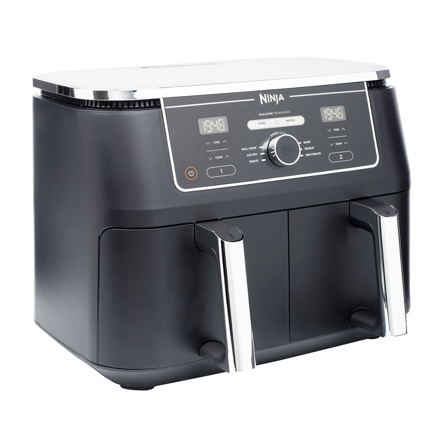 Friggitrice ad aria Ninja nera con zone di cottura doppie, display digitale e maniglie.