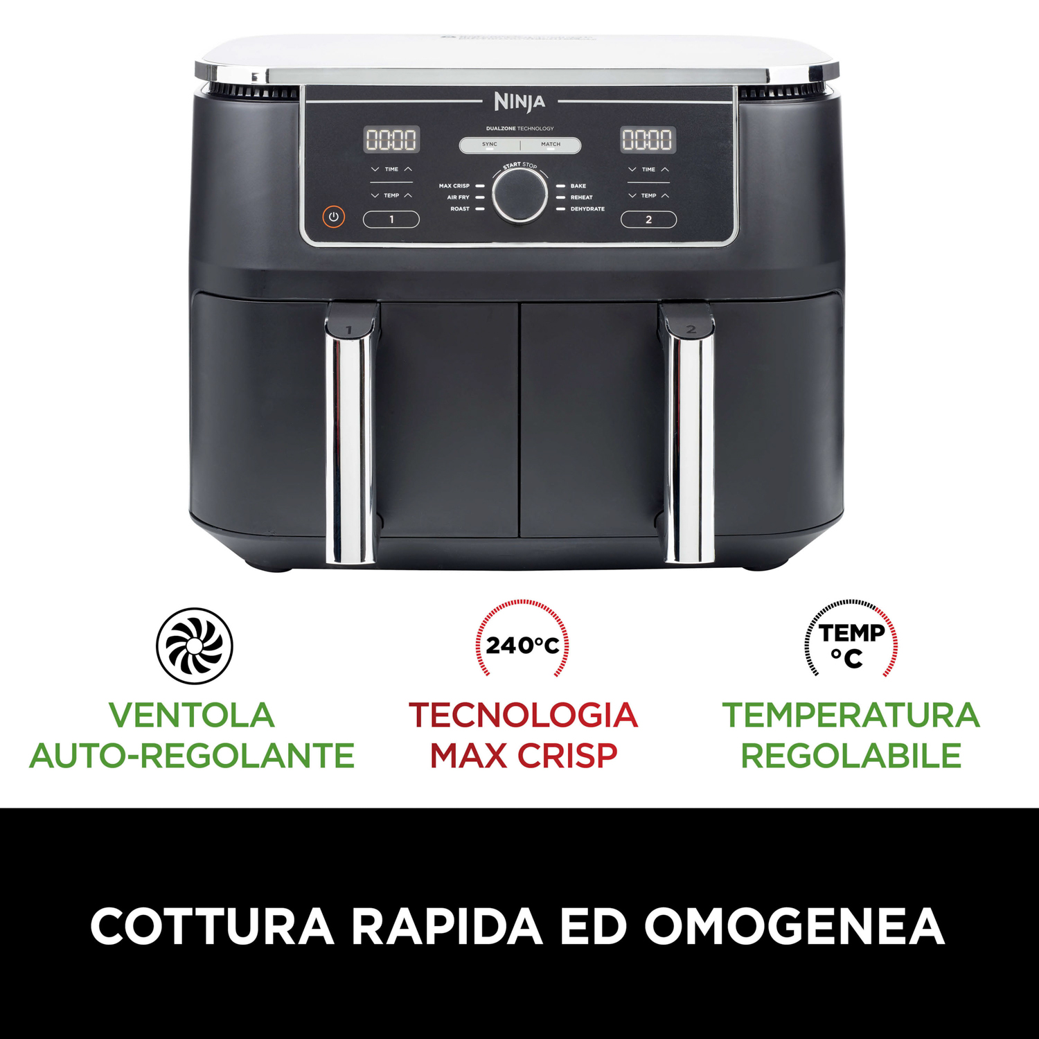 Friggitrice ad aria Ninja a doppia zona con display digitale e icone, con testo italiano sotto.
