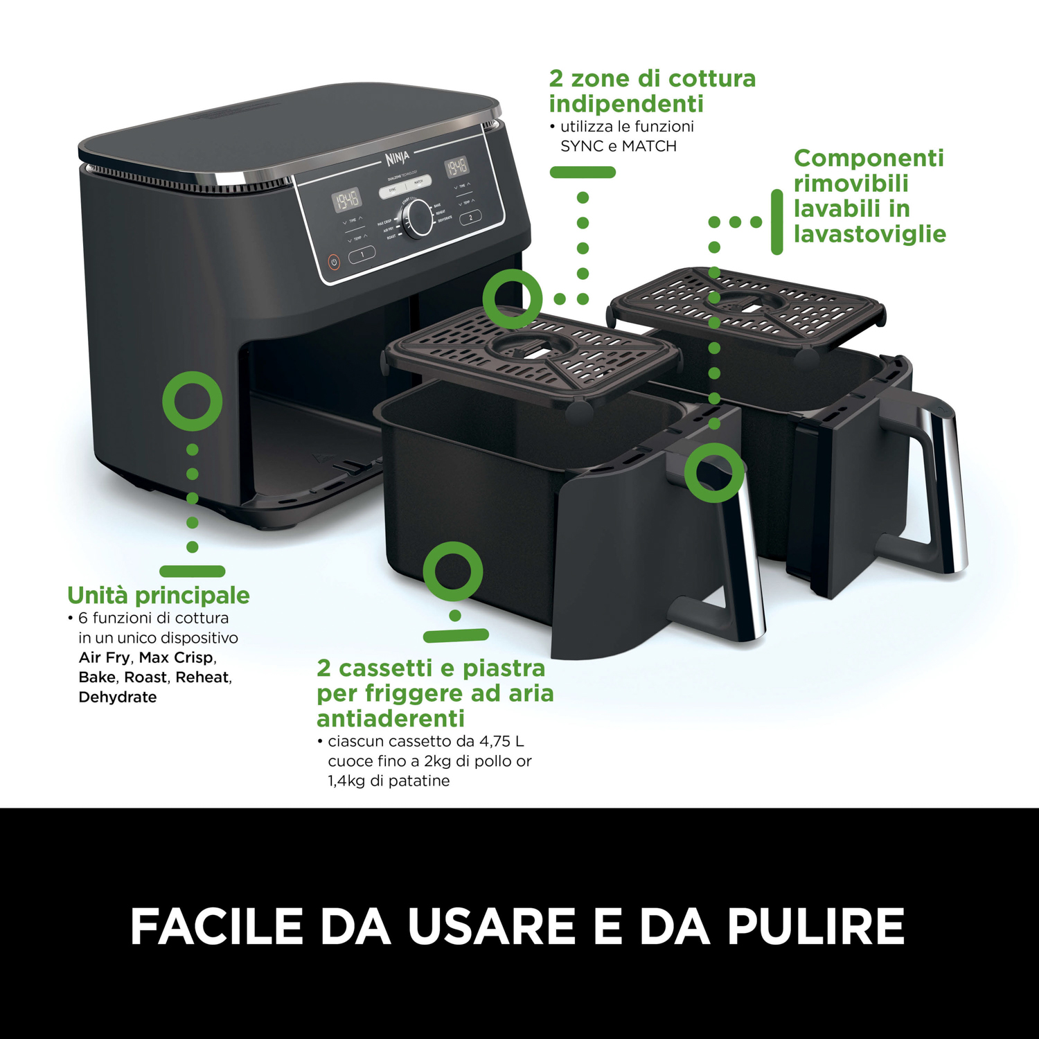 Una friggitrice ad aria nera con cestelli rimovibili e un pannello di controllo, con la scritta 'FACILE DA USARE E DA PULIRE'.