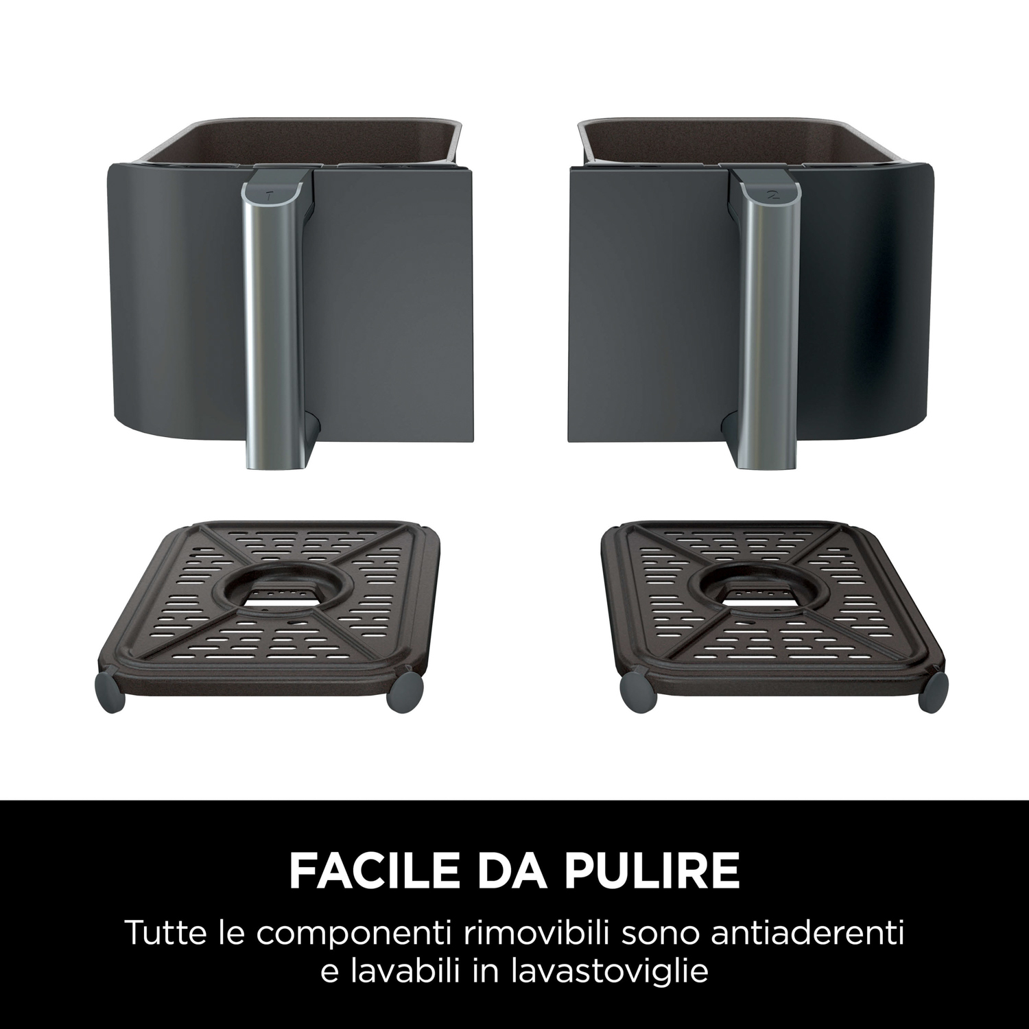 Due cestelli friggitrice ad aria, due basi. Neri con manici argentati. Testo: Facile da pulire, lavabile in lavastoviglie.