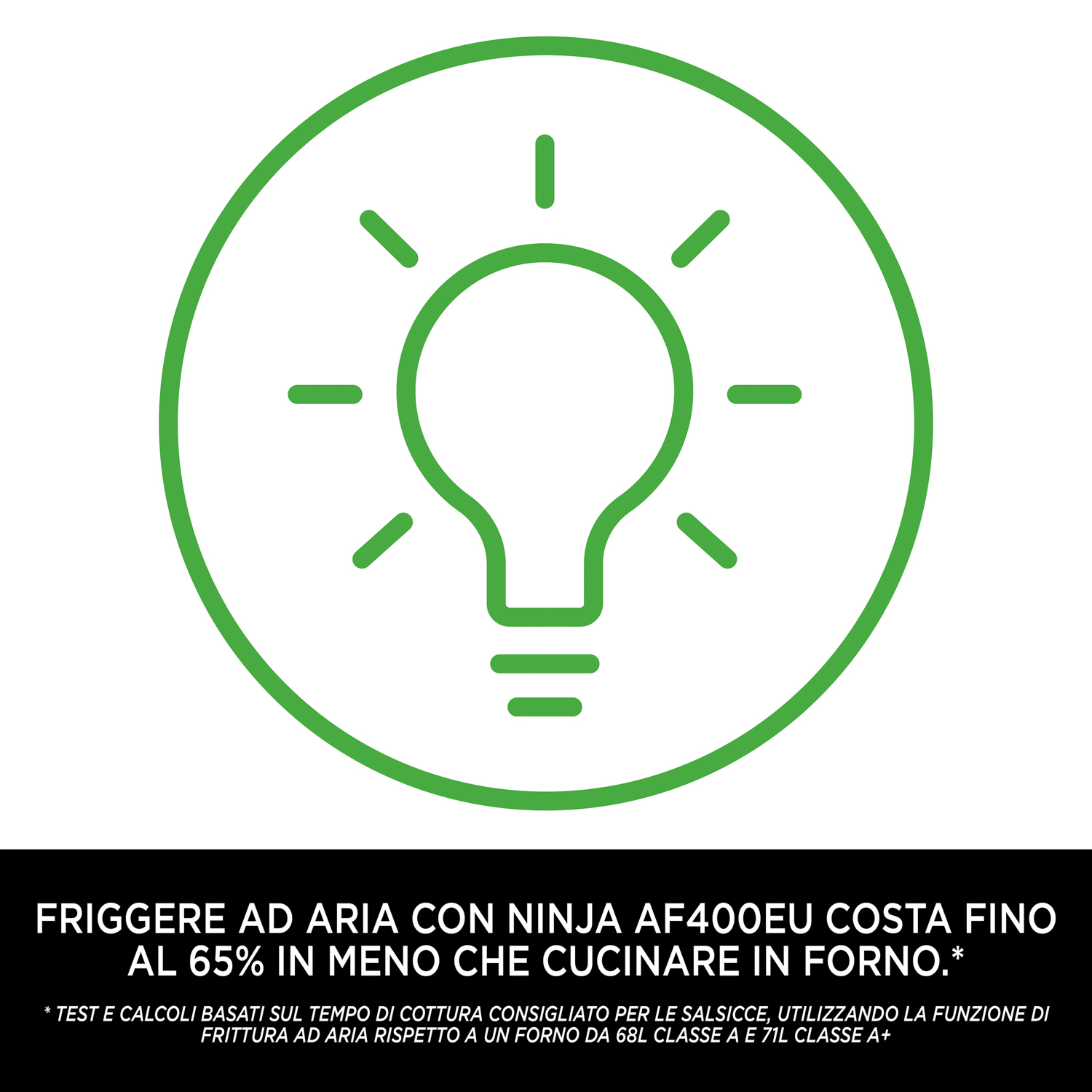 Un'icona a forma di lampadina verde in un cerchio, con testo sulla friggitrice ad aria Ninja AF400EU.