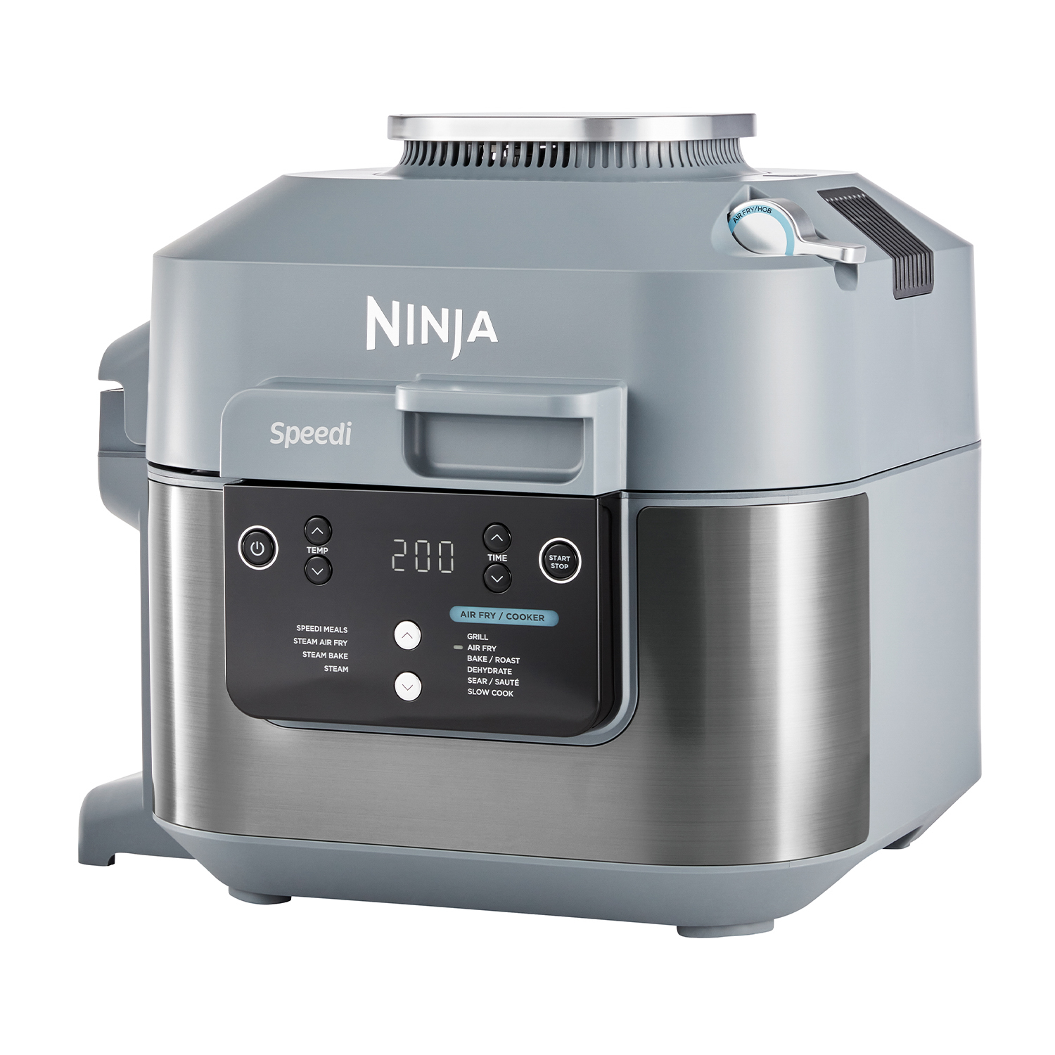Una multicooker grigia Ninja Speedi. Ha un display digitale e diverse funzioni di cottura.