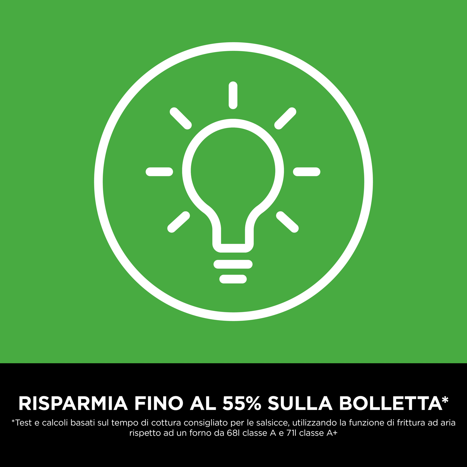 Sfondo verde con icona di lampadina bianca. Testo: Risparmia fino al 55% sulla bolletta.