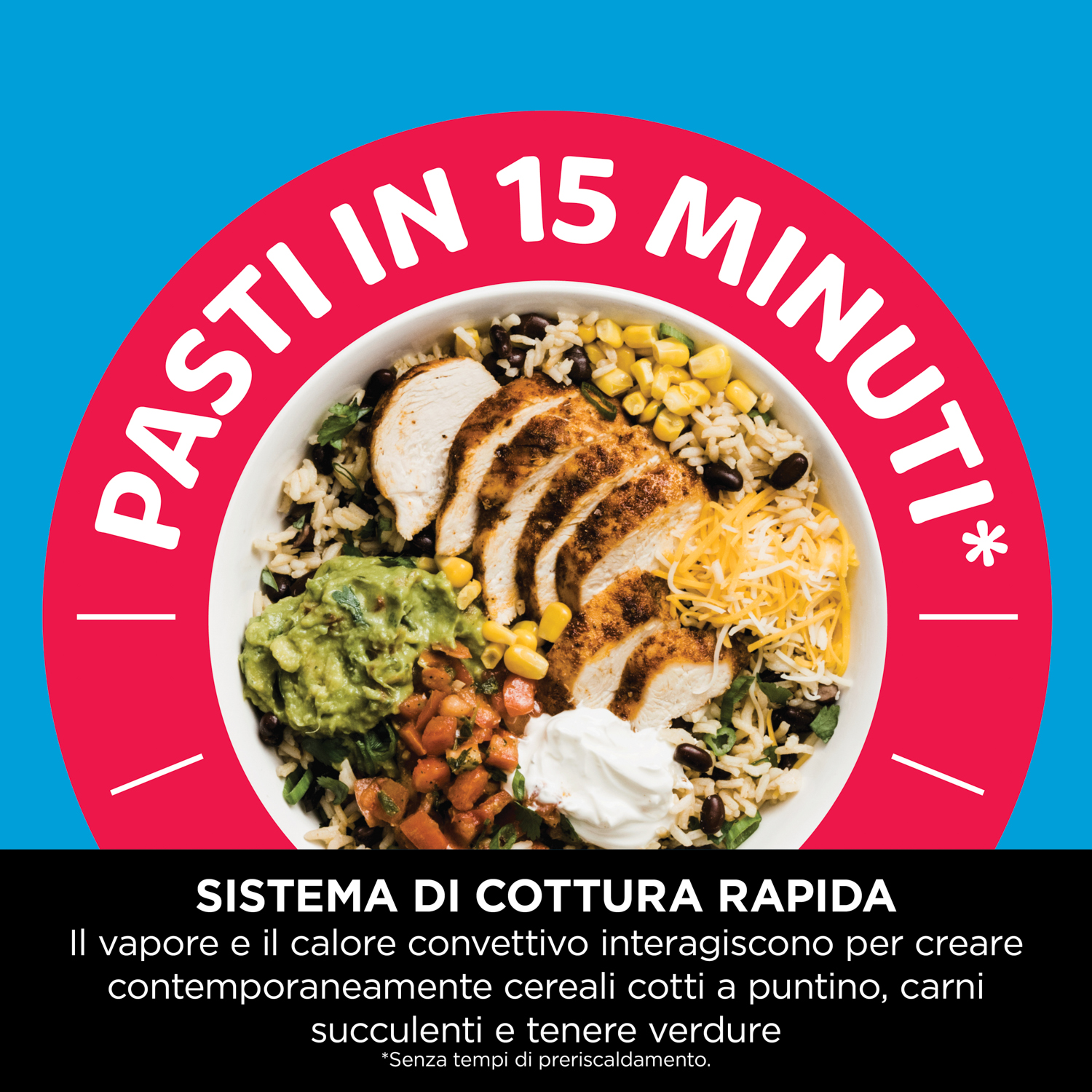 Una ciotola di cibo preparato, tra cui pollo, guacamole e riso, con testo italiano.