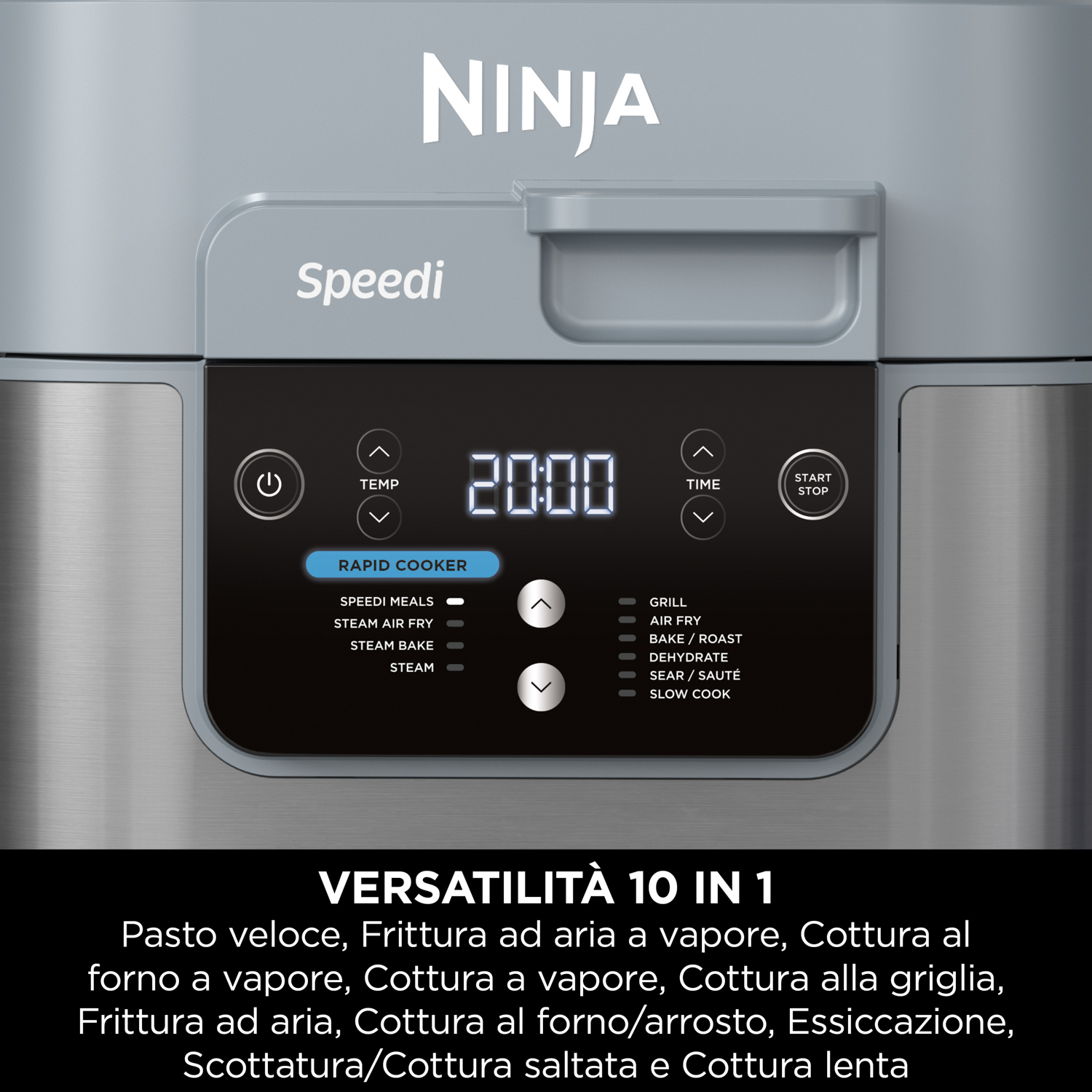 Pannello comandi multicooker Ninja Speedi. Visualizza tempo, temperatura e opzioni di cottura.