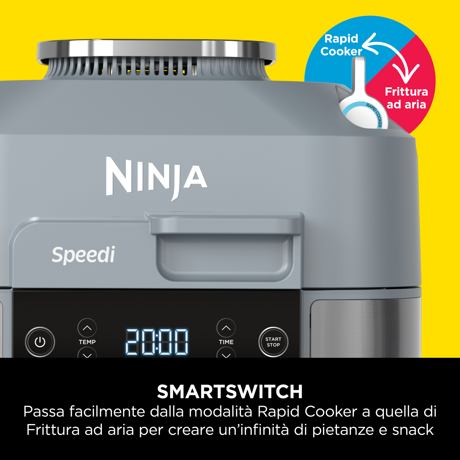Elettrodomestico Ninja Speedi con display digitale che mostra 20:00, e vari pulsanti ed etichette di testo.