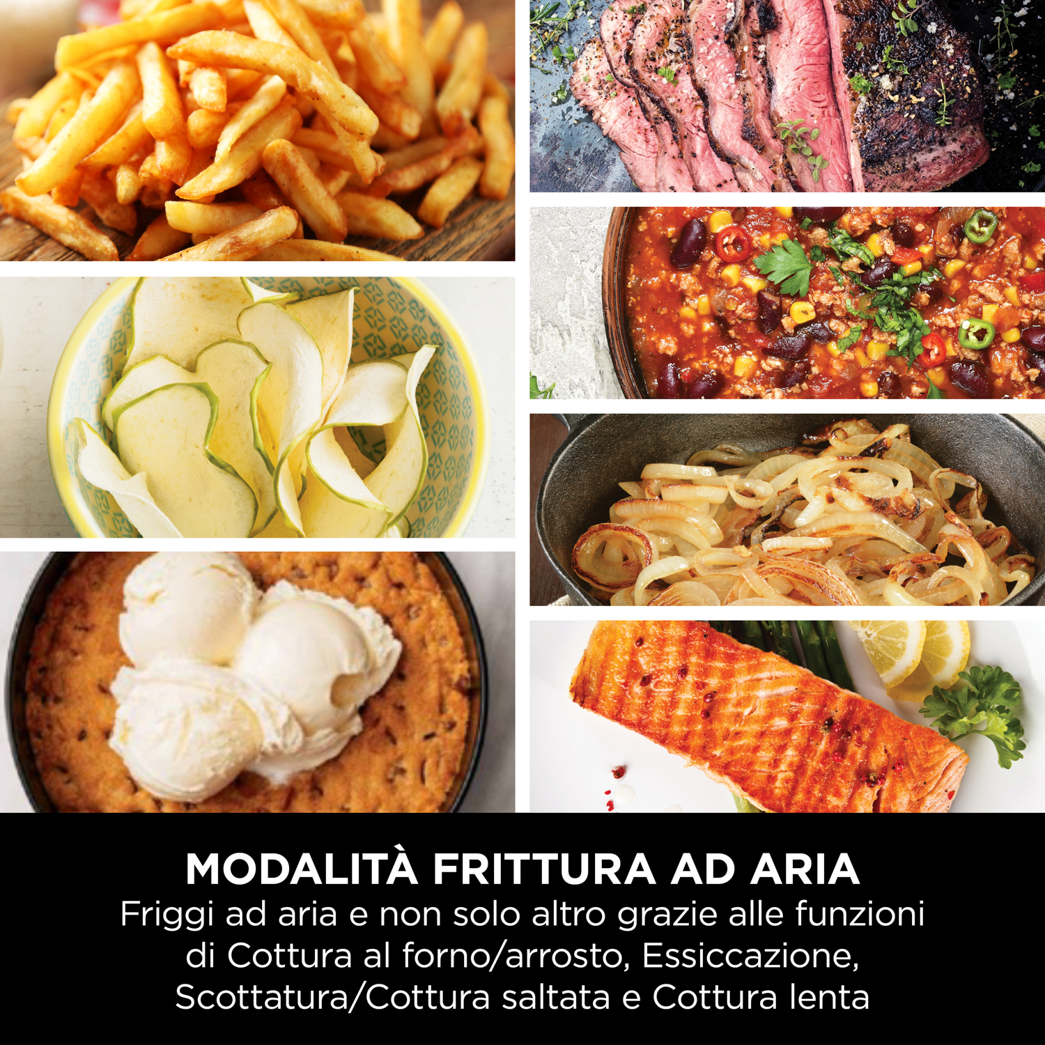 Vari cibi cotti: patatine fritte, bistecca, chips di mela, chili, anelli di cipolla e salmone.