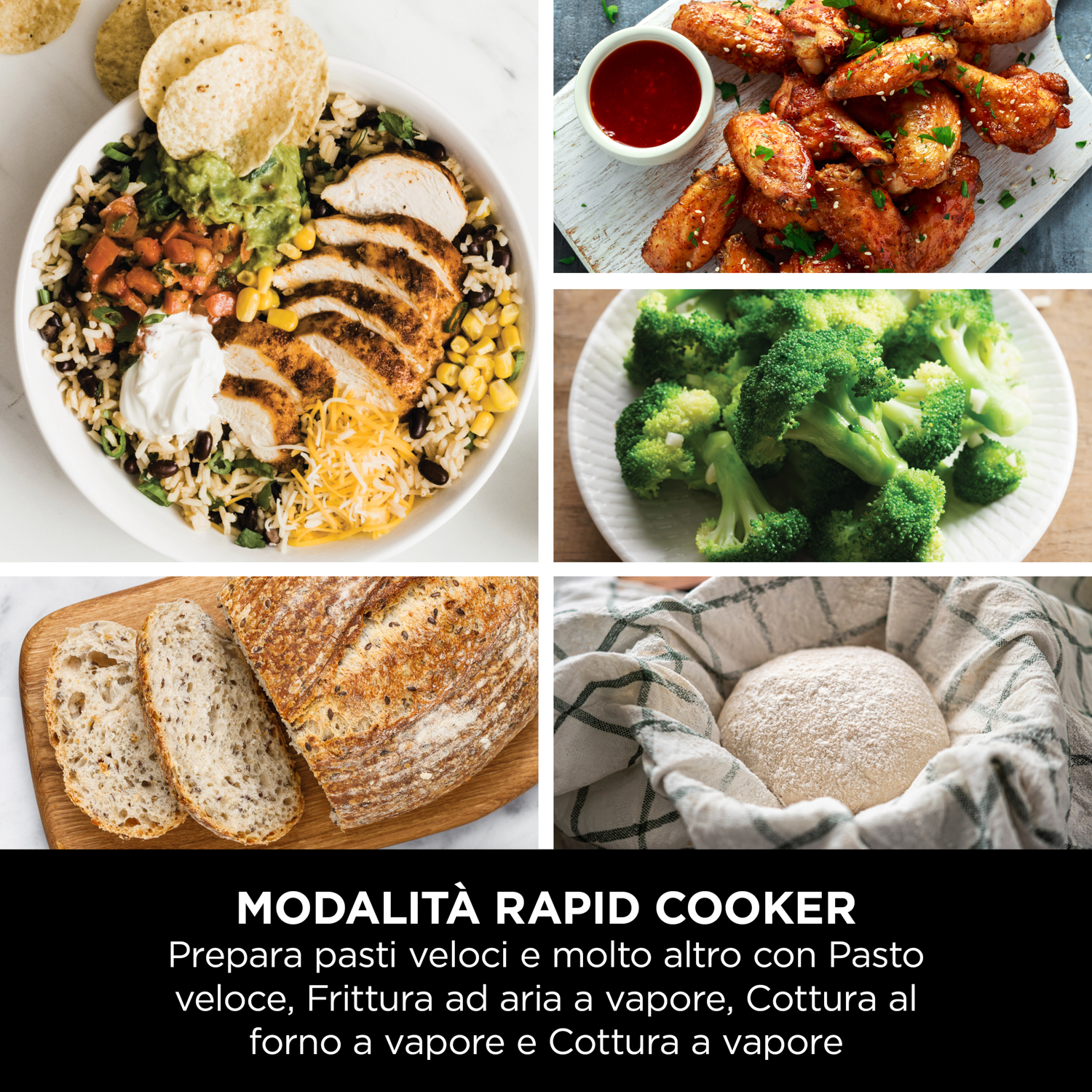 Varietà di alimenti tra cui una ciotola con pollo, ali, broccoli e pane.