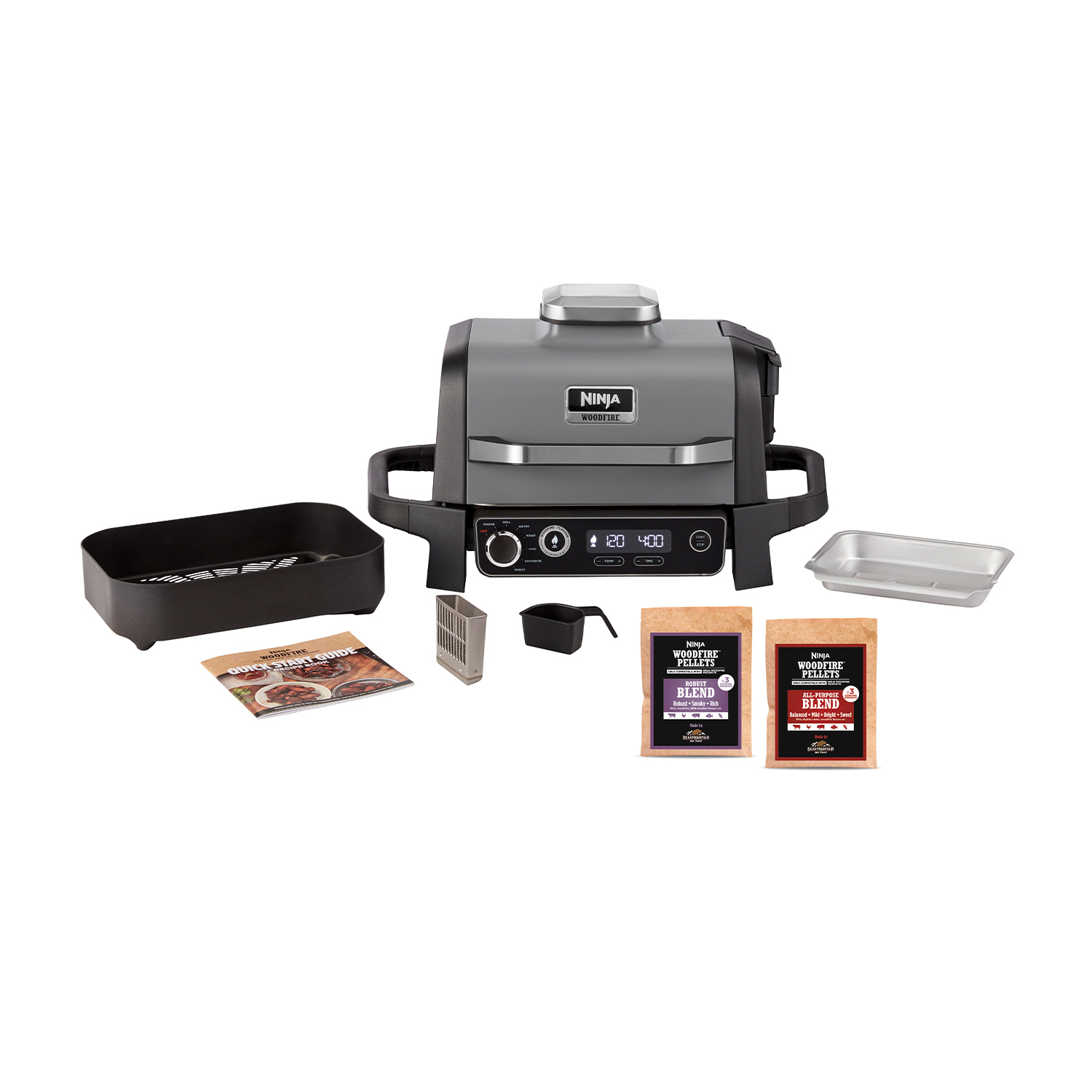 Griglia Ninja Woodfire e accessori, tra cui griglia, vassoio e confezioni di miscela Woodfire.