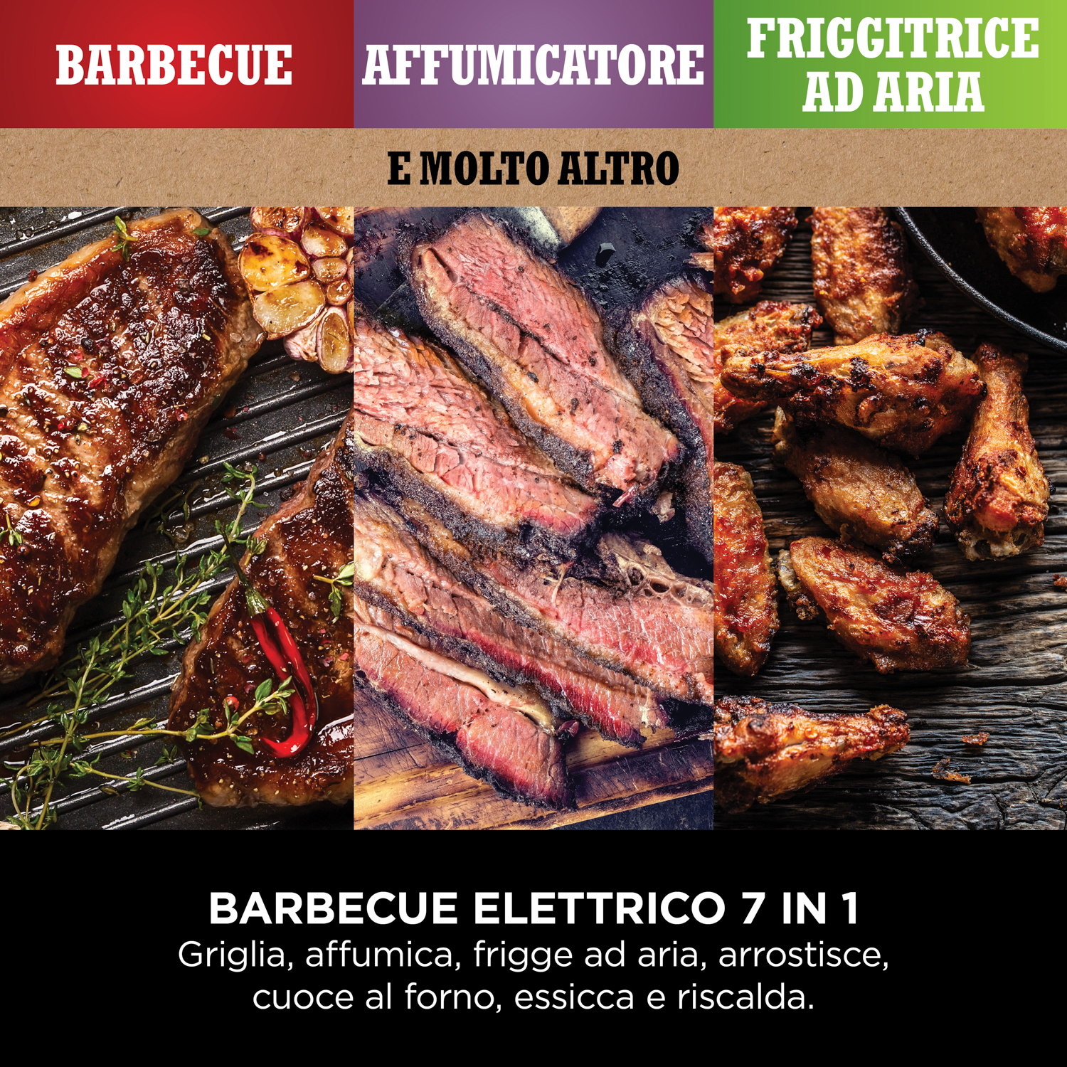 Un collage di immagini: Barbecue, Affumicatore, Friggitrice ad aria e altro, con carni grigliate.